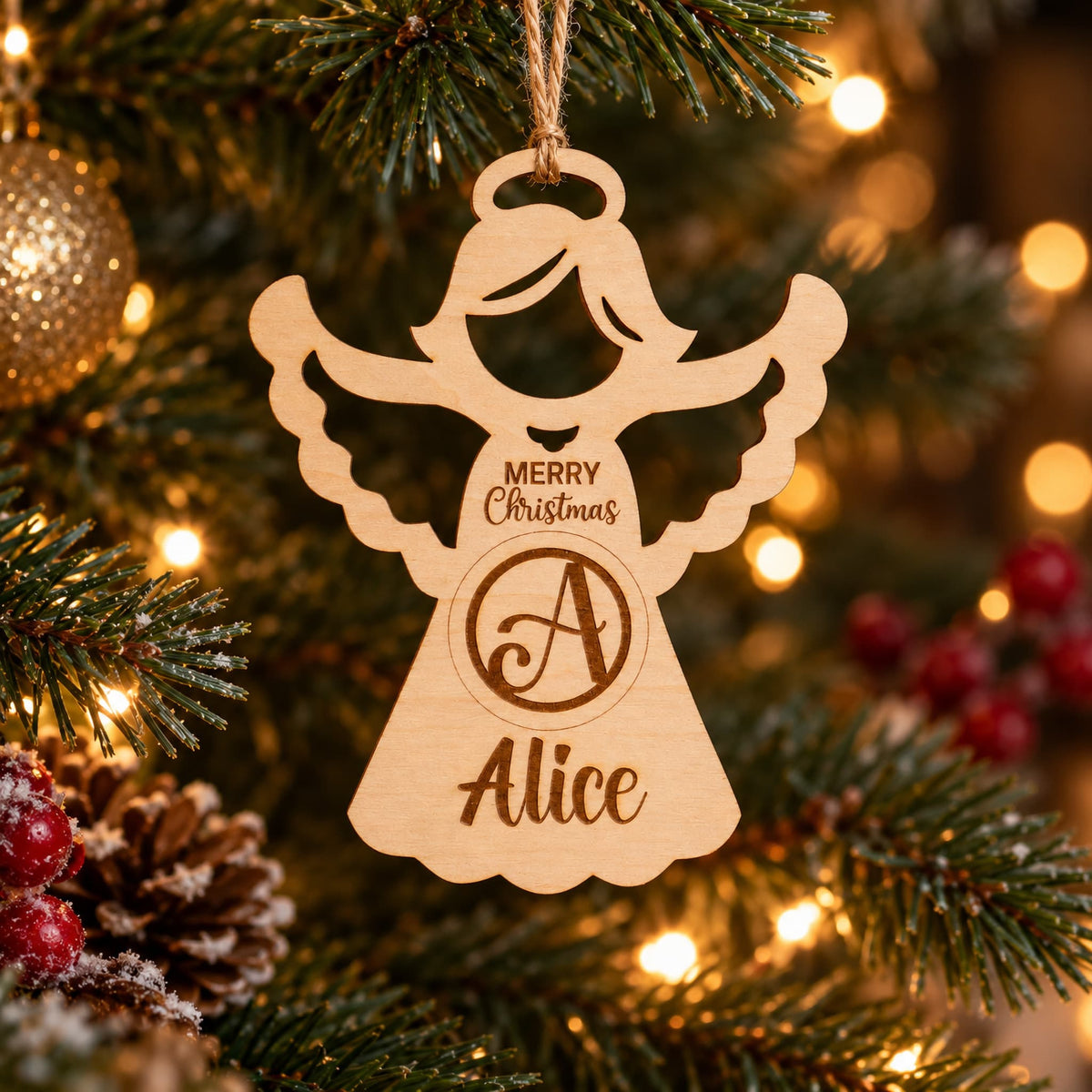Personalised Wooden Angel Christmas Decoration with name Alice and initial A, perfect for holiday decor.
