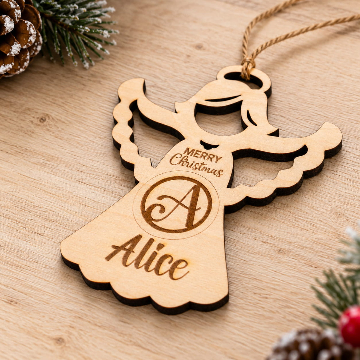 Personalised Wooden Angel Christmas decoration featuring name Alice and initial A, beautifully engraved for holiday season.