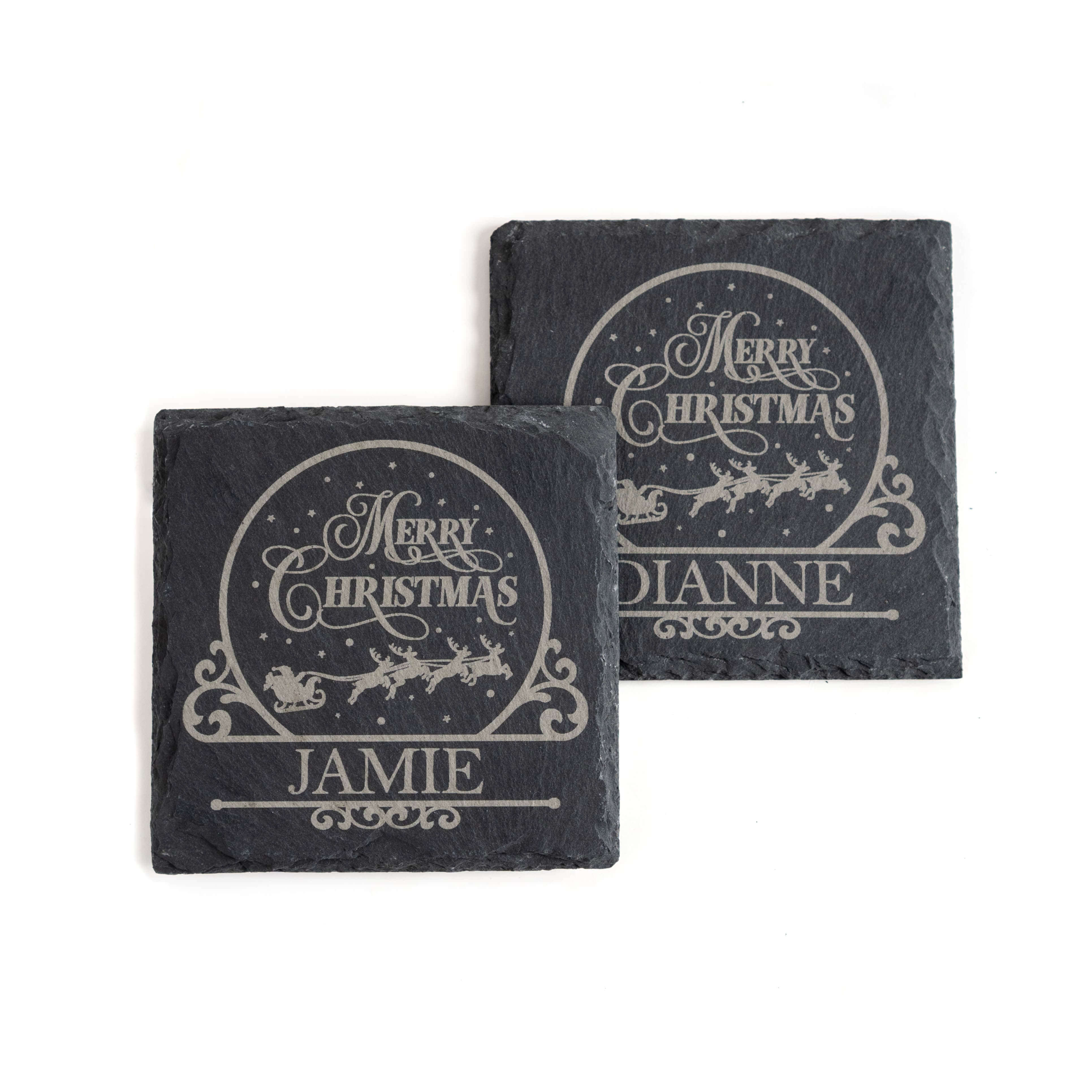 Personalised Christmas slate coaster set with 'Merry Christmas' and Santa's sleigh, custom engraved with names Jamie and Dianne.