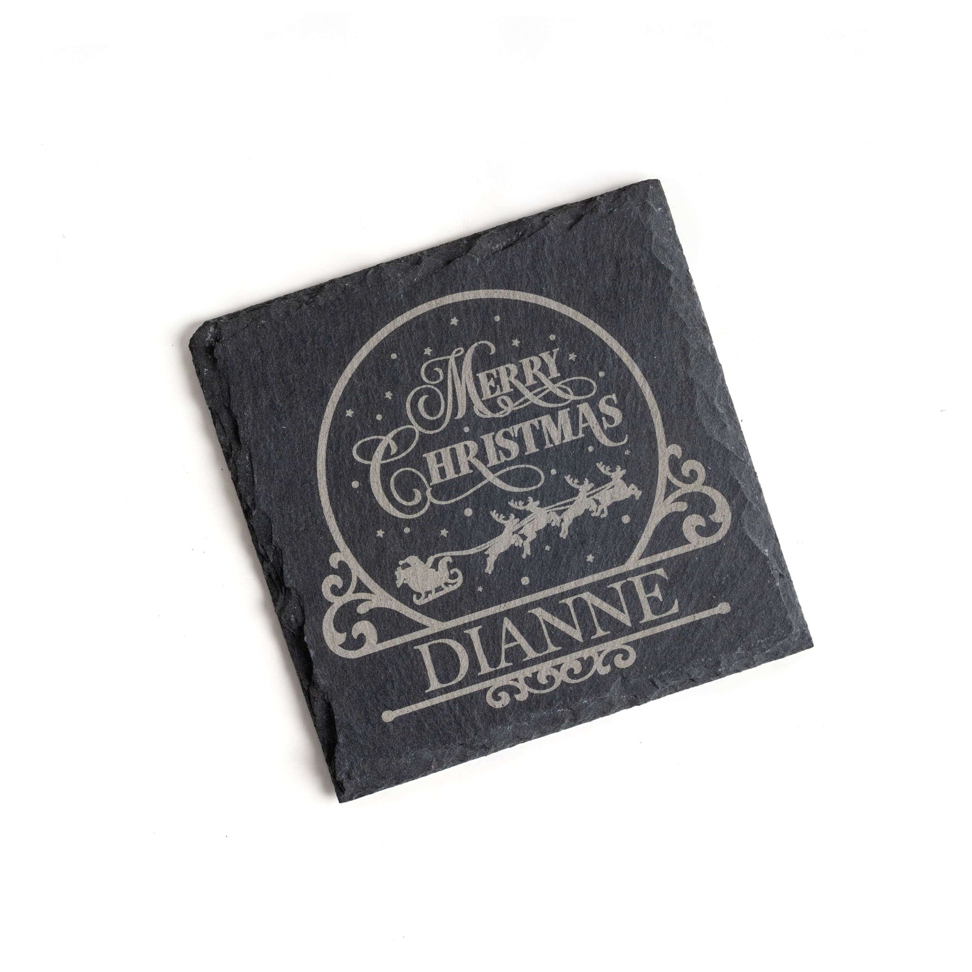 Personalised Christmas slate coaster with 'Merry Christmas' and Santa's sleigh, custom engraved with the name Dianne.