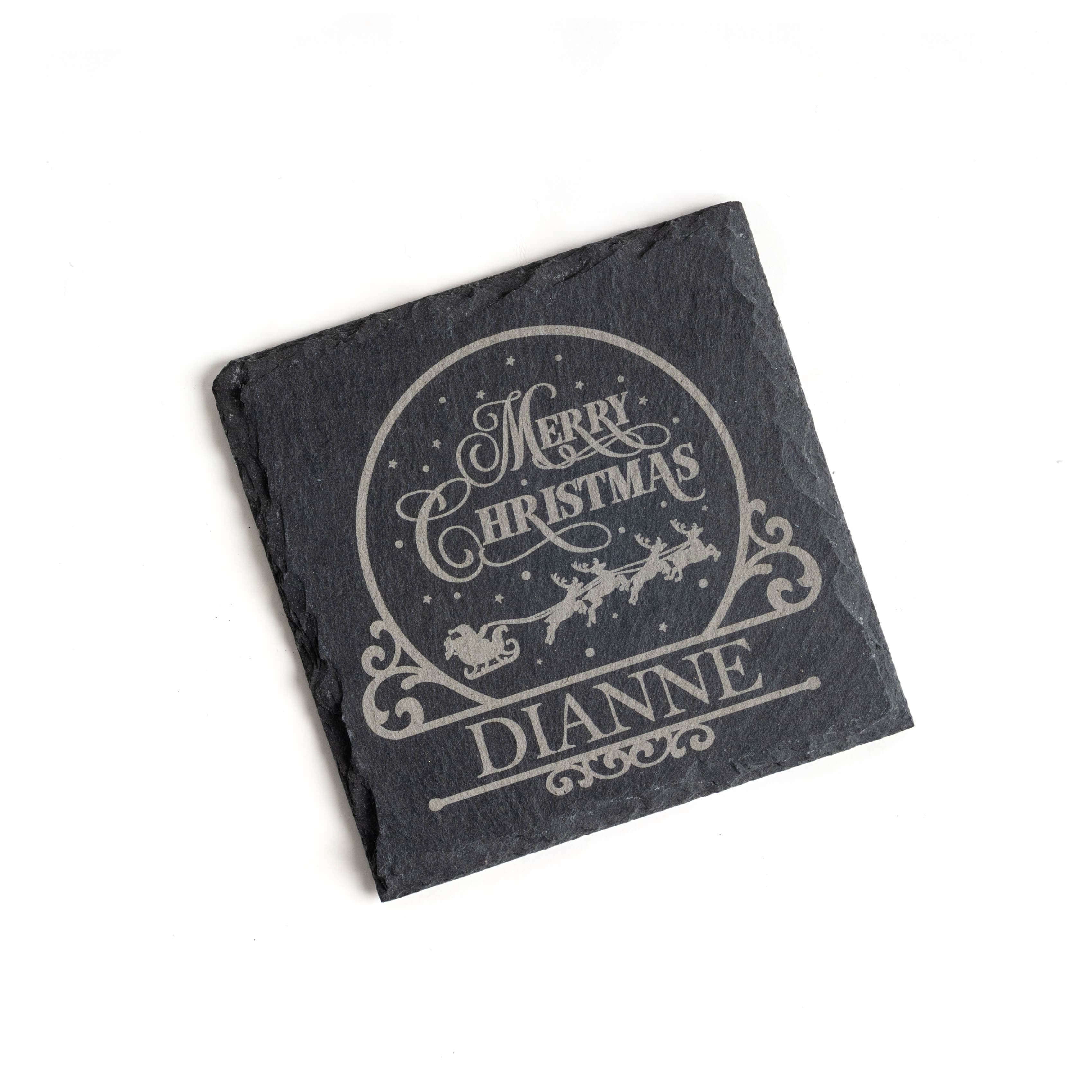 Personalised Christmas slate coaster with 'Merry Christmas' and Santa's sleigh, custom engraved with the name Dianne.