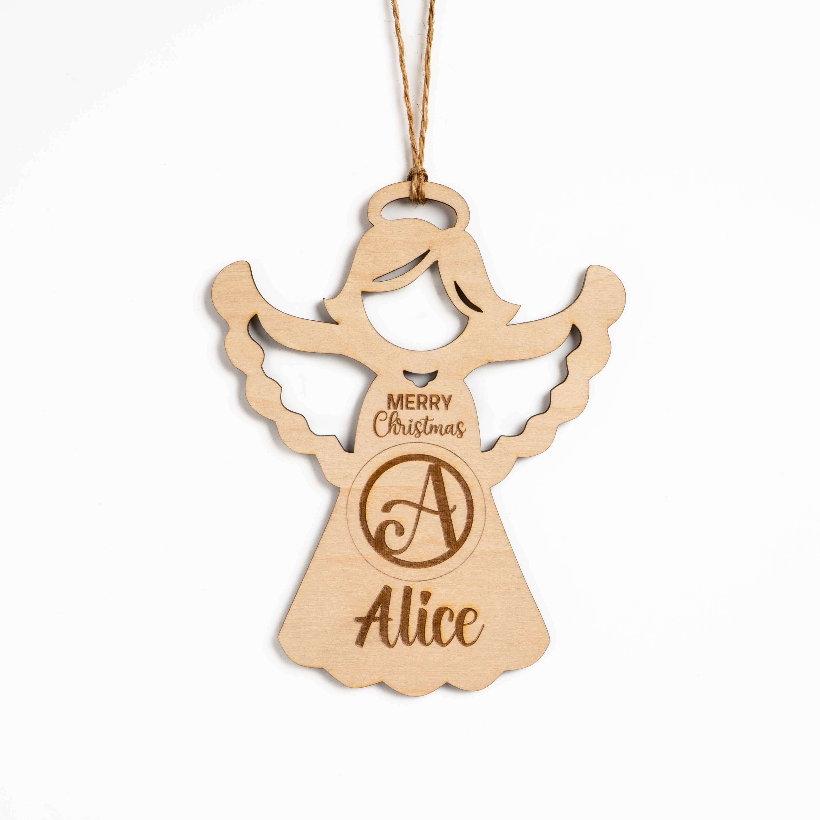 Personalised Christmas Angel Ornament custom engraved with the name Alice and a letter A for decoration.