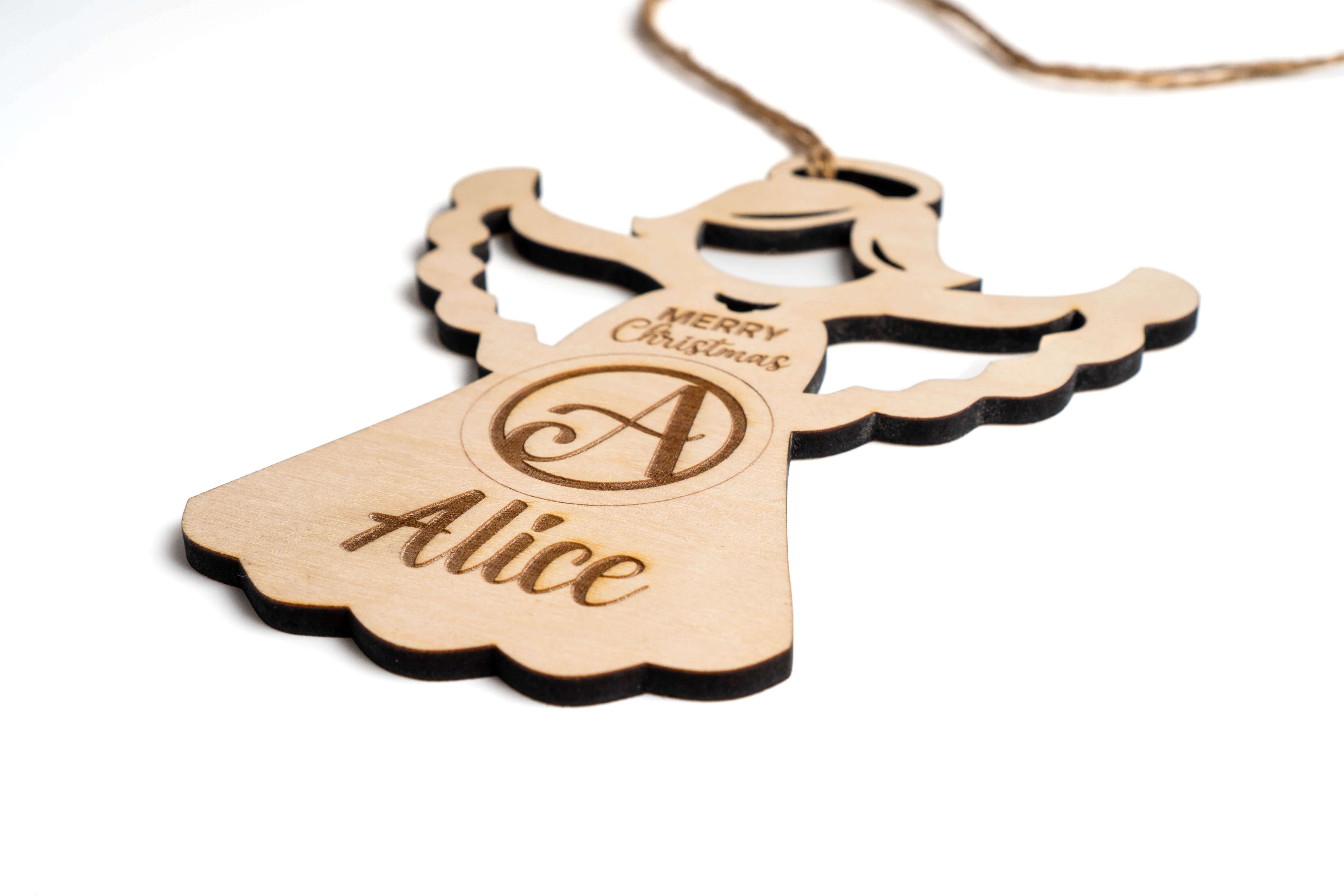 Personalised Christmas Angel Ornament engraved with the name Alice, a beautiful tree decoration for Christmas.