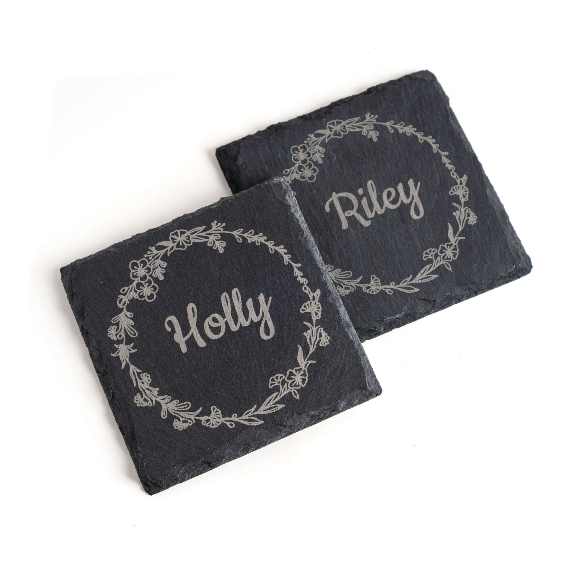 Personalised Slate Coaster for a Special Person with floral wreath design featuring the names Holly and Riley.