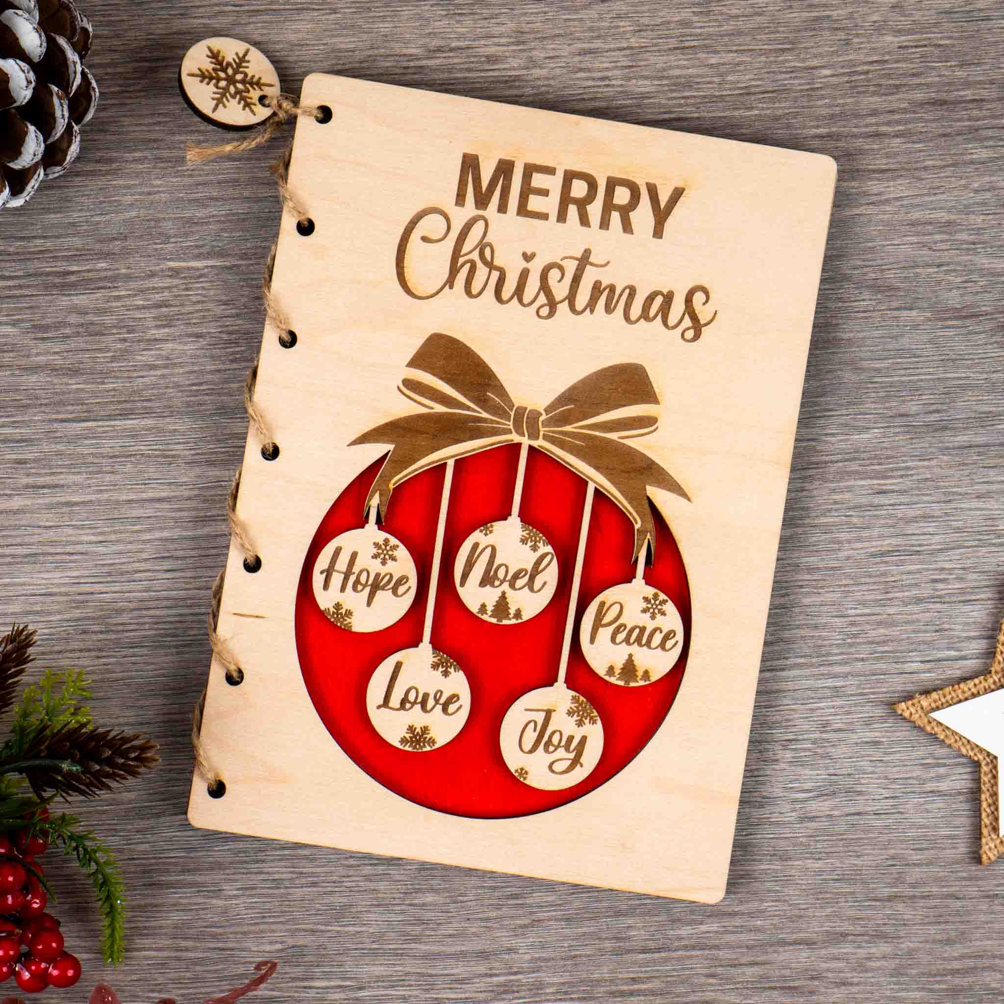 Personalised Christmas Card featuring engraved holiday ornament design with "Merry Christmas" and heartfelt messages.
