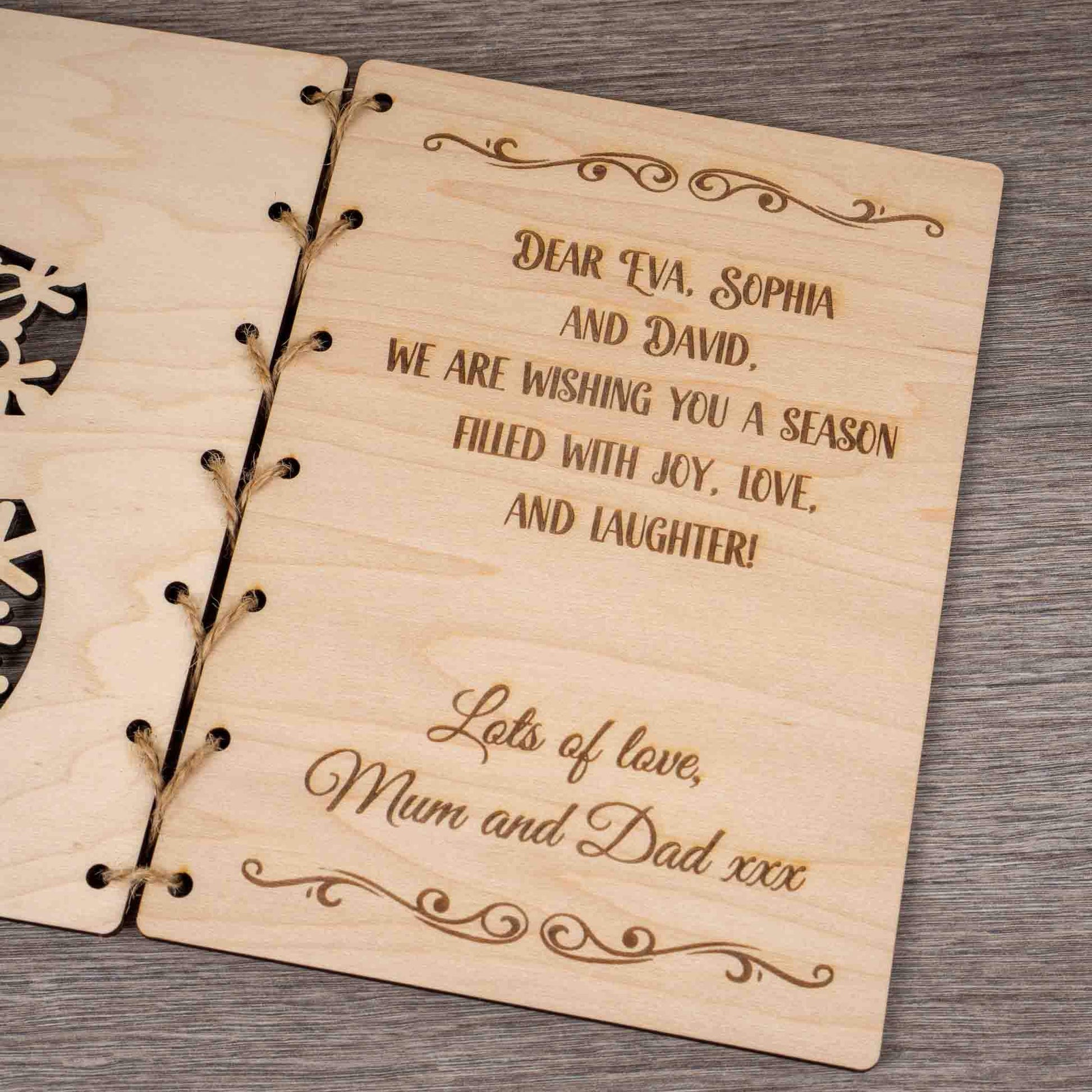 Personalised Christmas Card featuring an engraved snowman design and heartfelt message for loved ones.