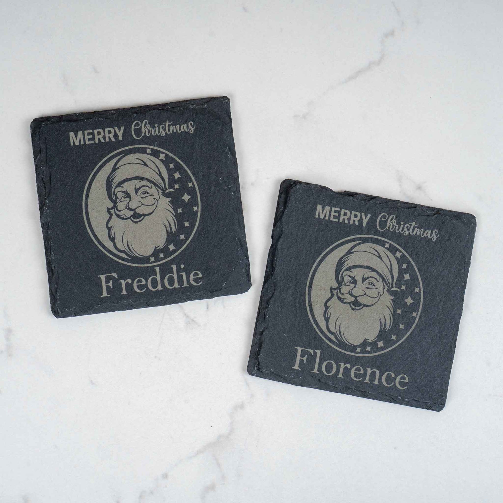Personalised Christmas Coaster featuring engraved Santa design with names Freddie and Florence, perfect for holiday festivities.