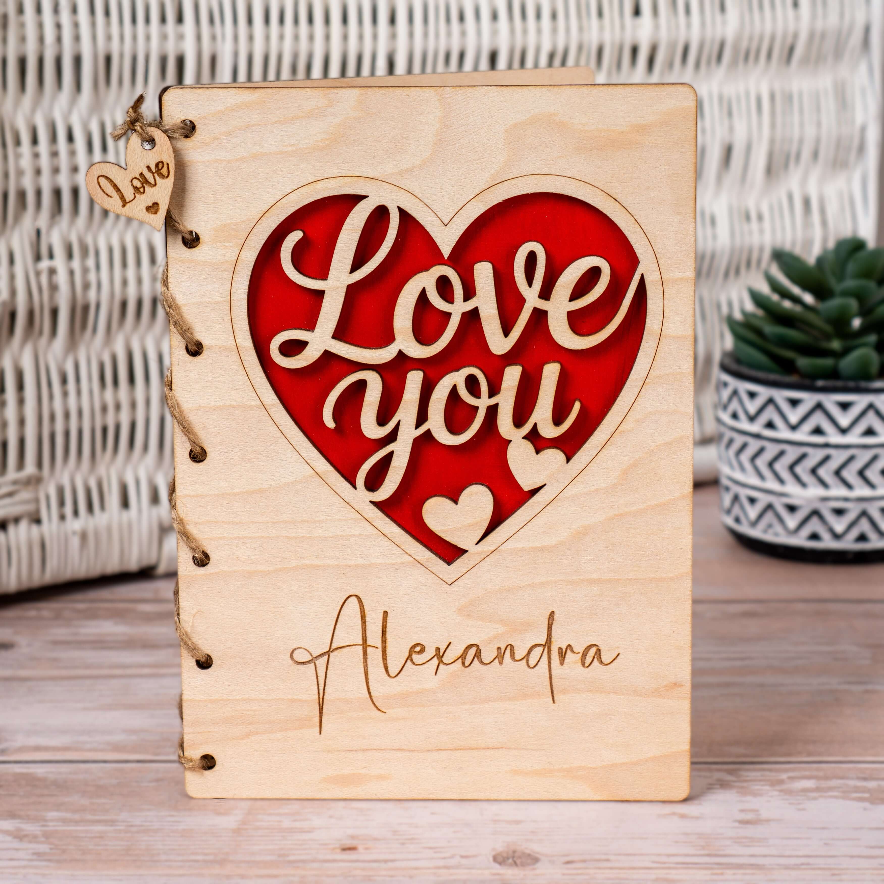 Personalized Wooden Card with a heart design saying 'Love You' and the name Alexandra.