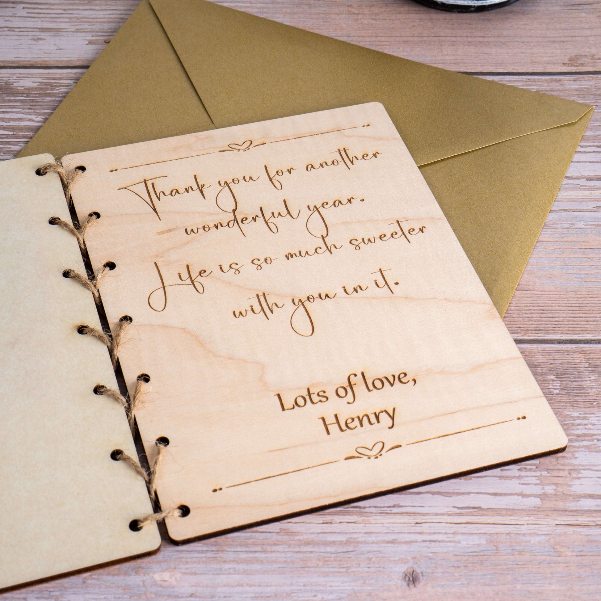Personalized Wooden Card with heartfelt message thanking for a wonderful year, crafted from Real Maple Wood.