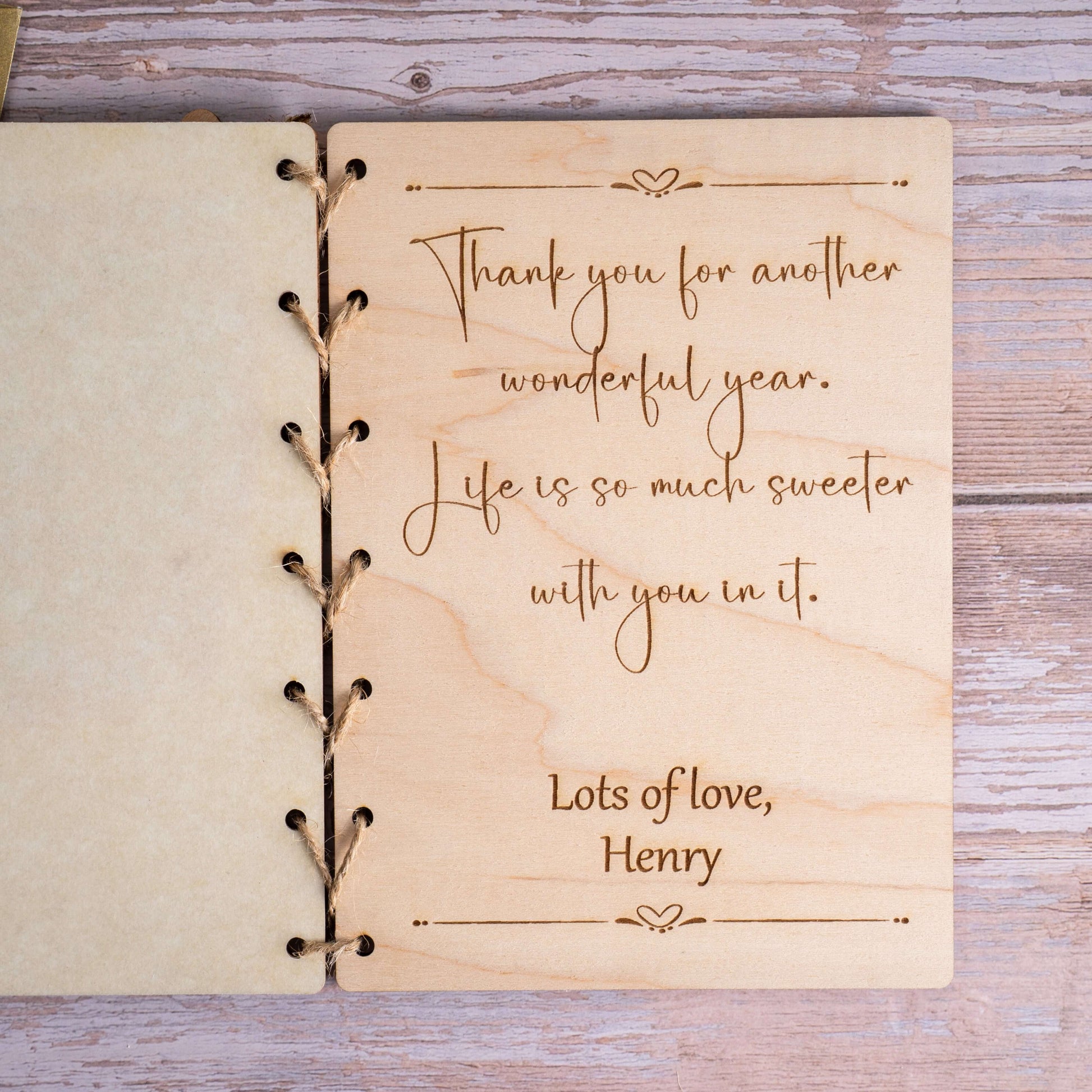 Interior of a personalized wooden card with heartfelt message, featuring the phrase 'Thank you for another wonderful year'.