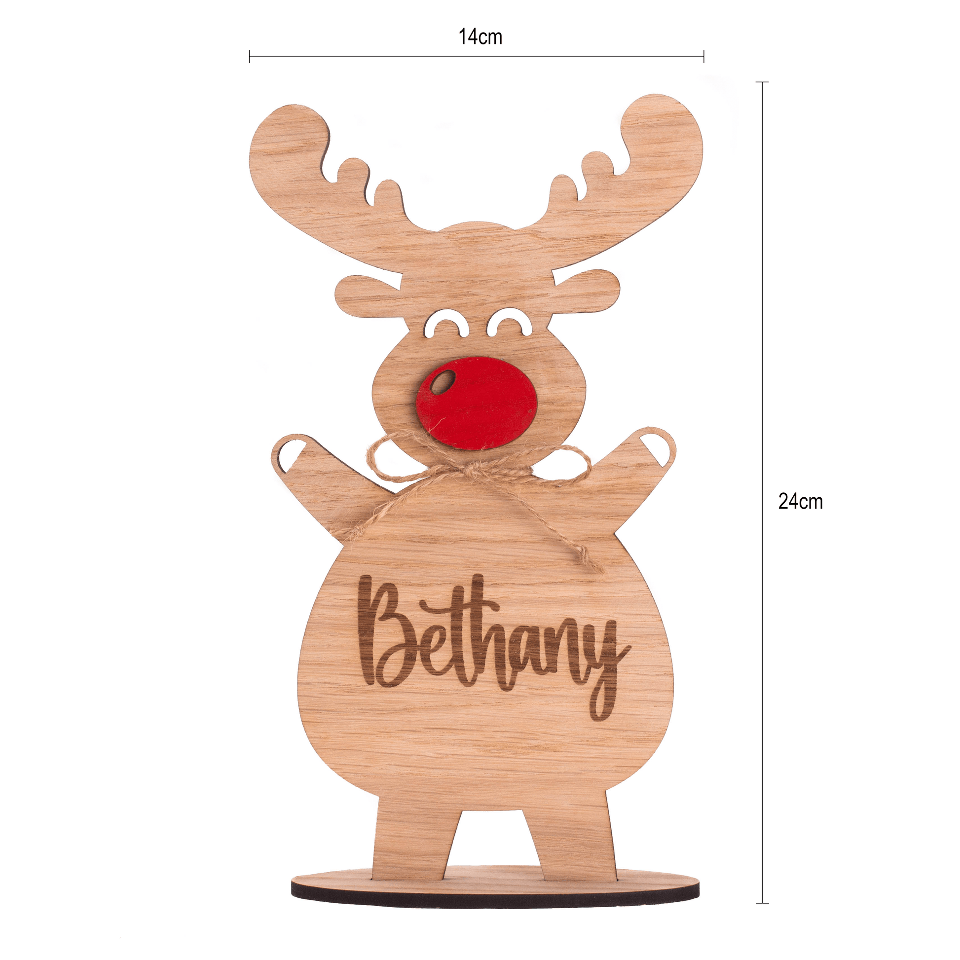 Personalised Christmas Reindeer wooden ornament featuring a red nose and the name Bethany, 24cm tall.