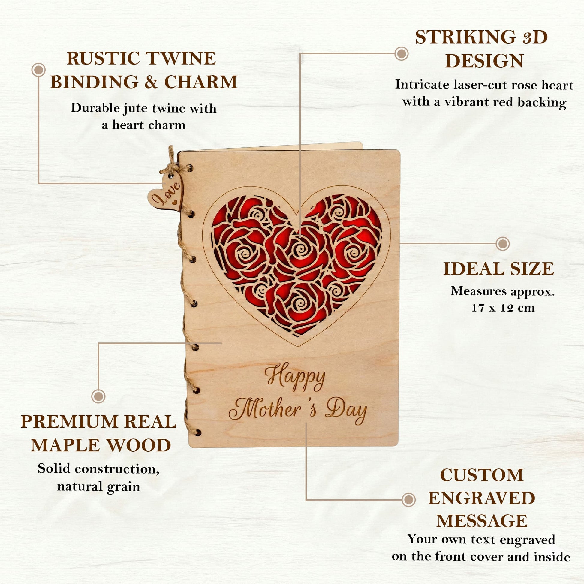 Personalised Wooden Mother's Day Card featuring a red rose heart design with twine binding and custom engraving.