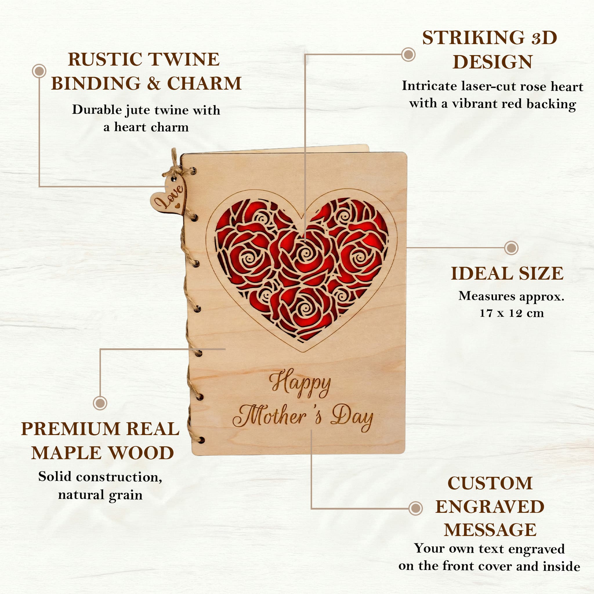Personalised Wooden Mother's Day Card featuring a red rose heart design with twine binding and custom engraving.