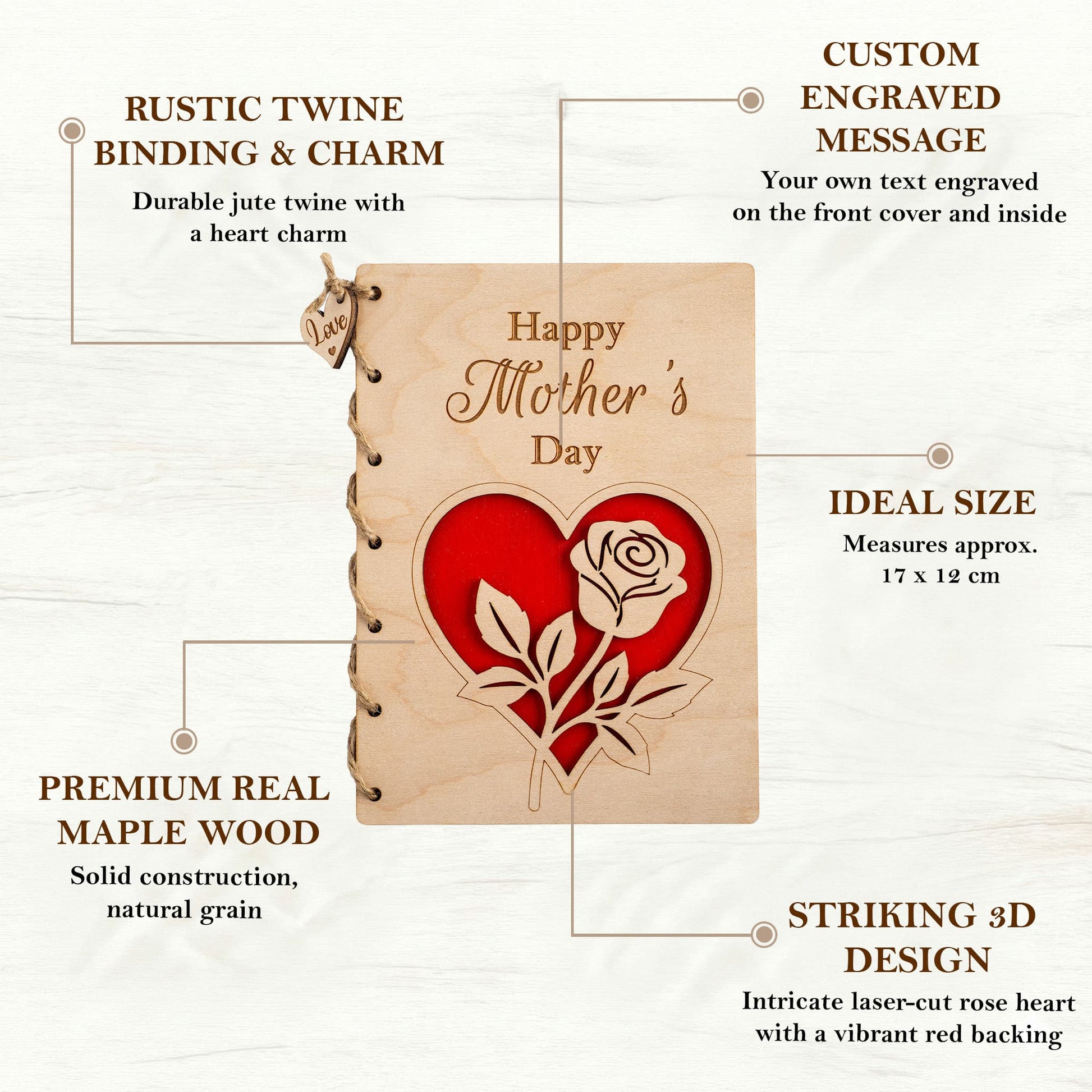 Personalised Wooden Mother's Day Card featuring a red rose design and custom engraving.