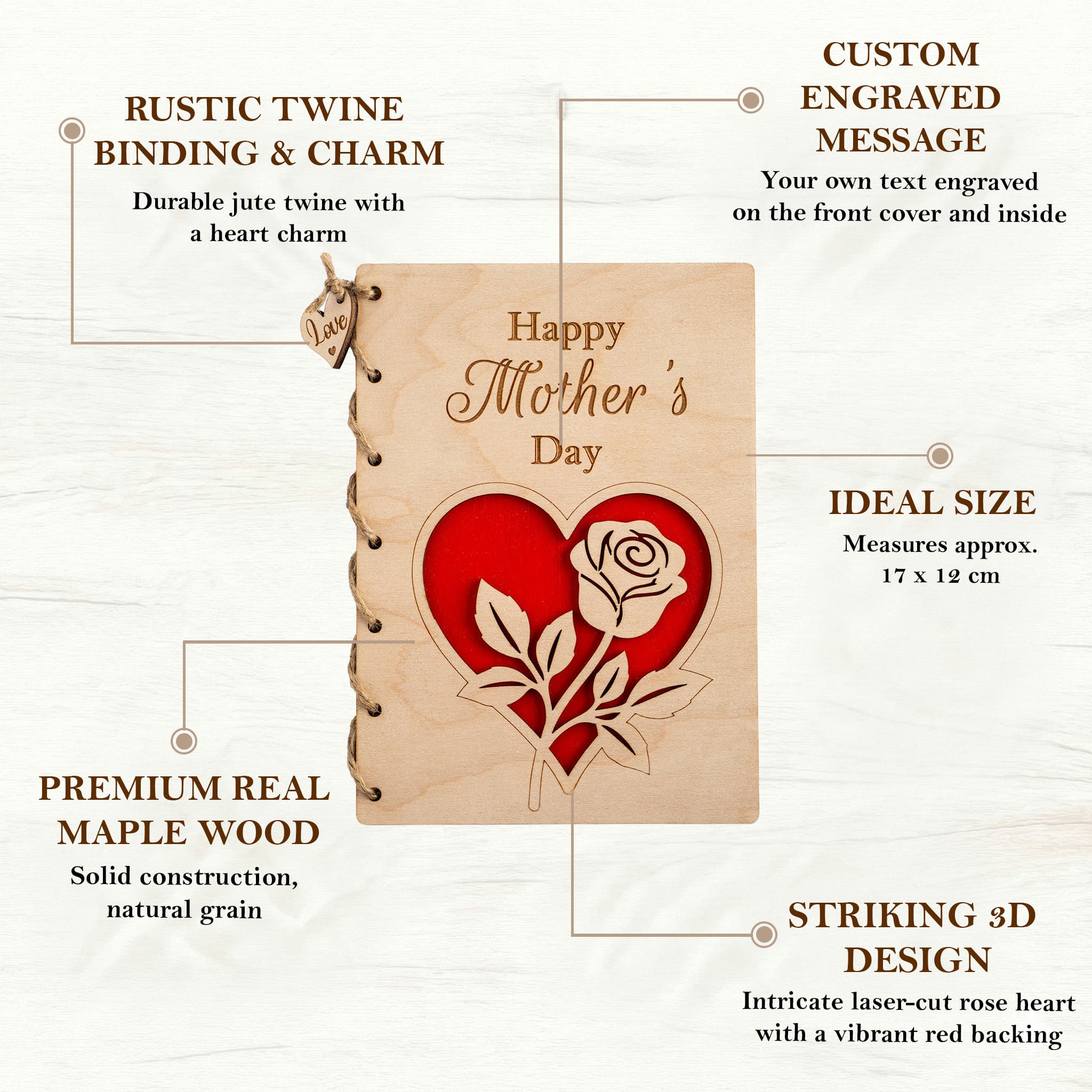Personalised Wooden Mother's Day Card featuring a red rose design and custom engraving.