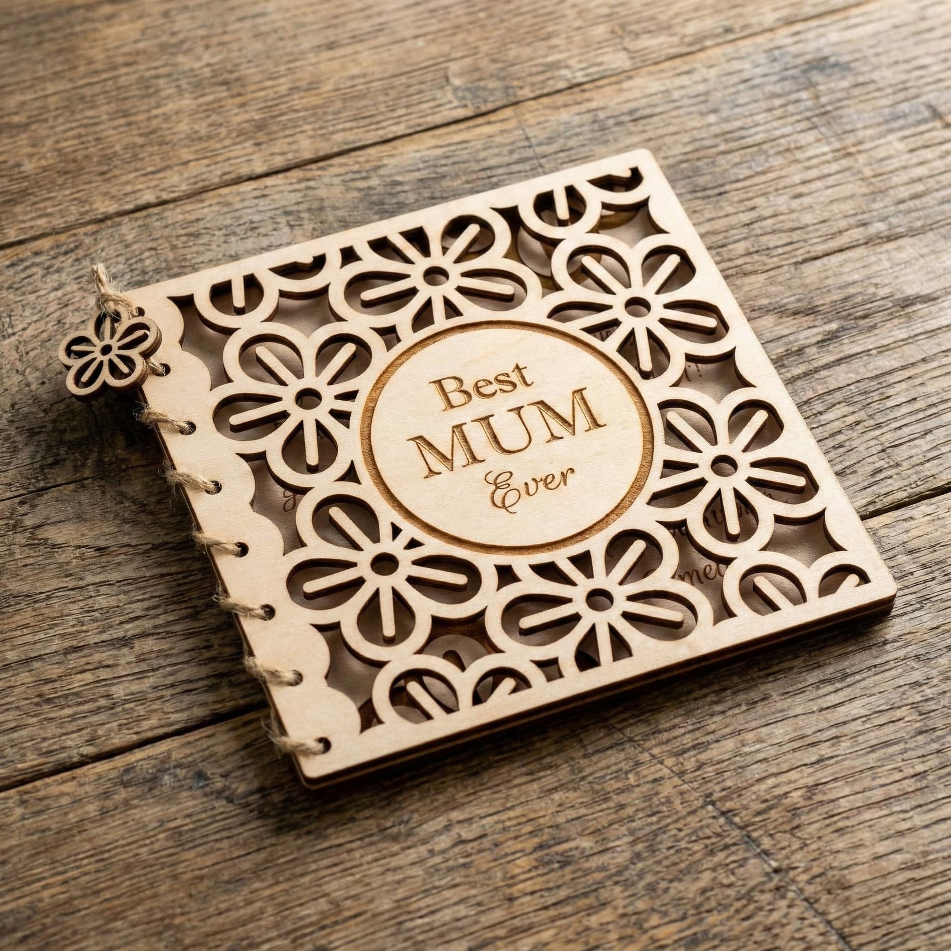 Personalised wooden Happy Mother's Day Card with floral design and engraved message, Best Mum Ever.