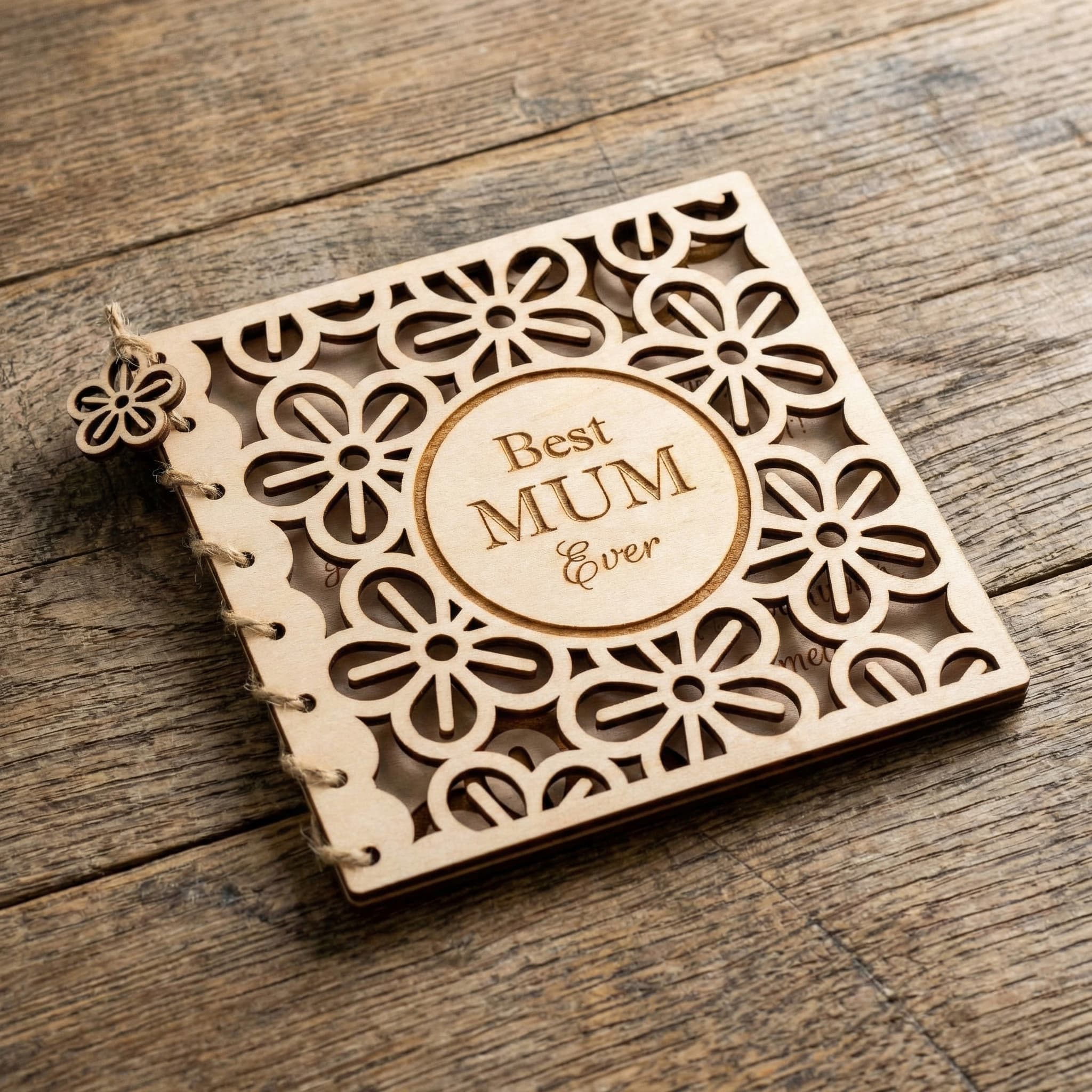 Personalised wooden Happy Mother's Day Card with floral design and engraved message, Best Mum Ever.