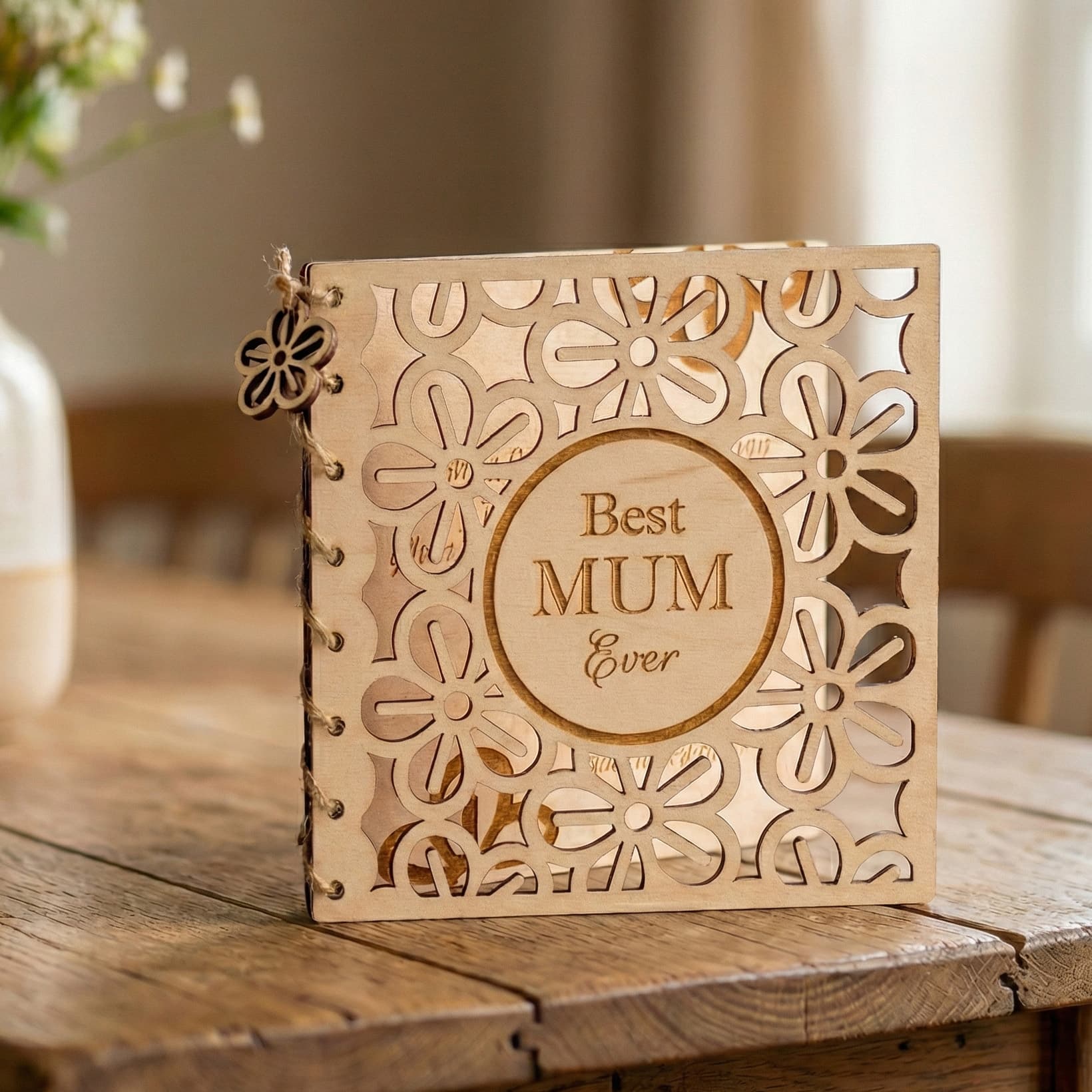 Personalised wooden Happy Mother's Day Card with floral design and the text Best MUM Ever.