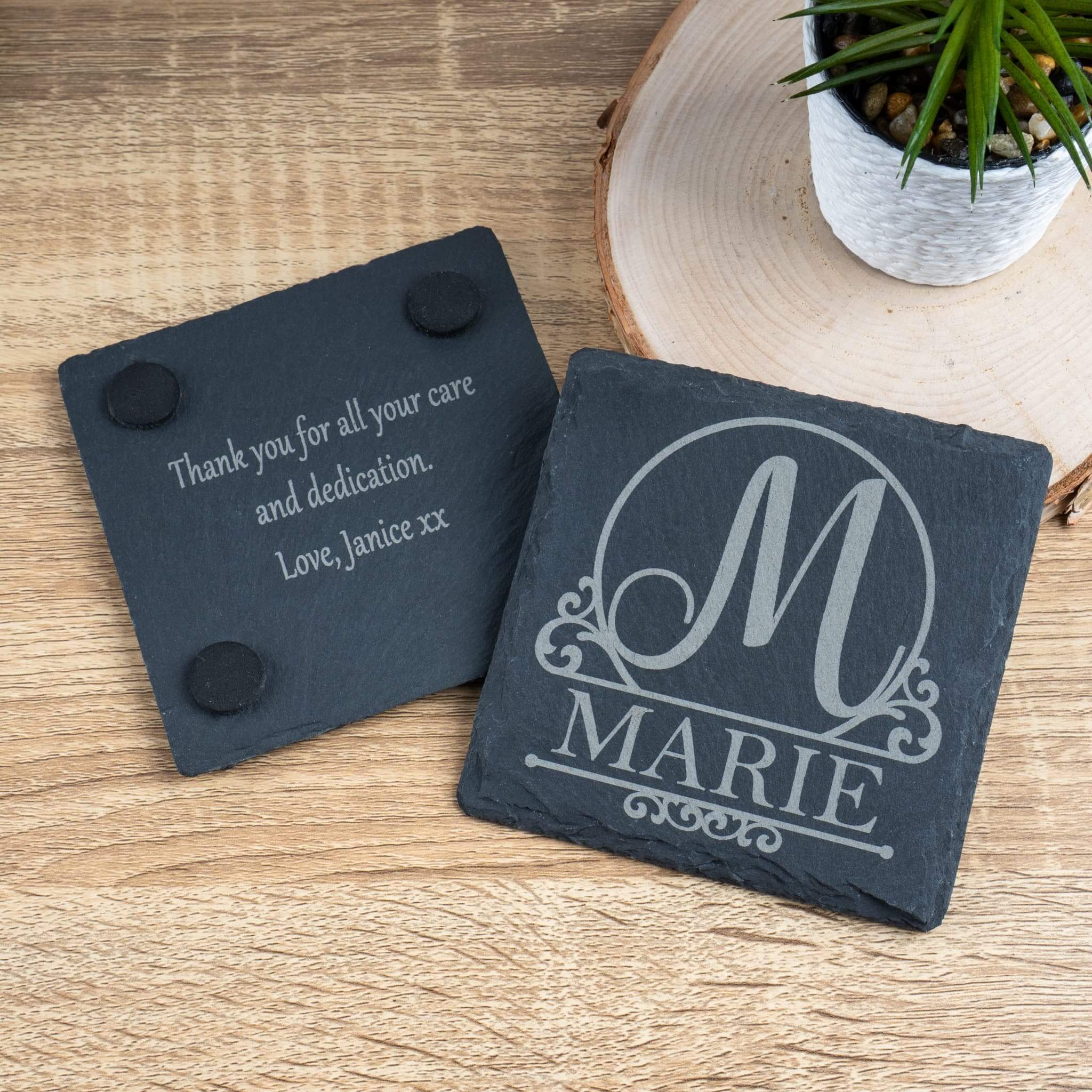 Personalised monogram and name slate coaster with elegant engraving, a perfect gift for any occasion. Personalised coasters UK.