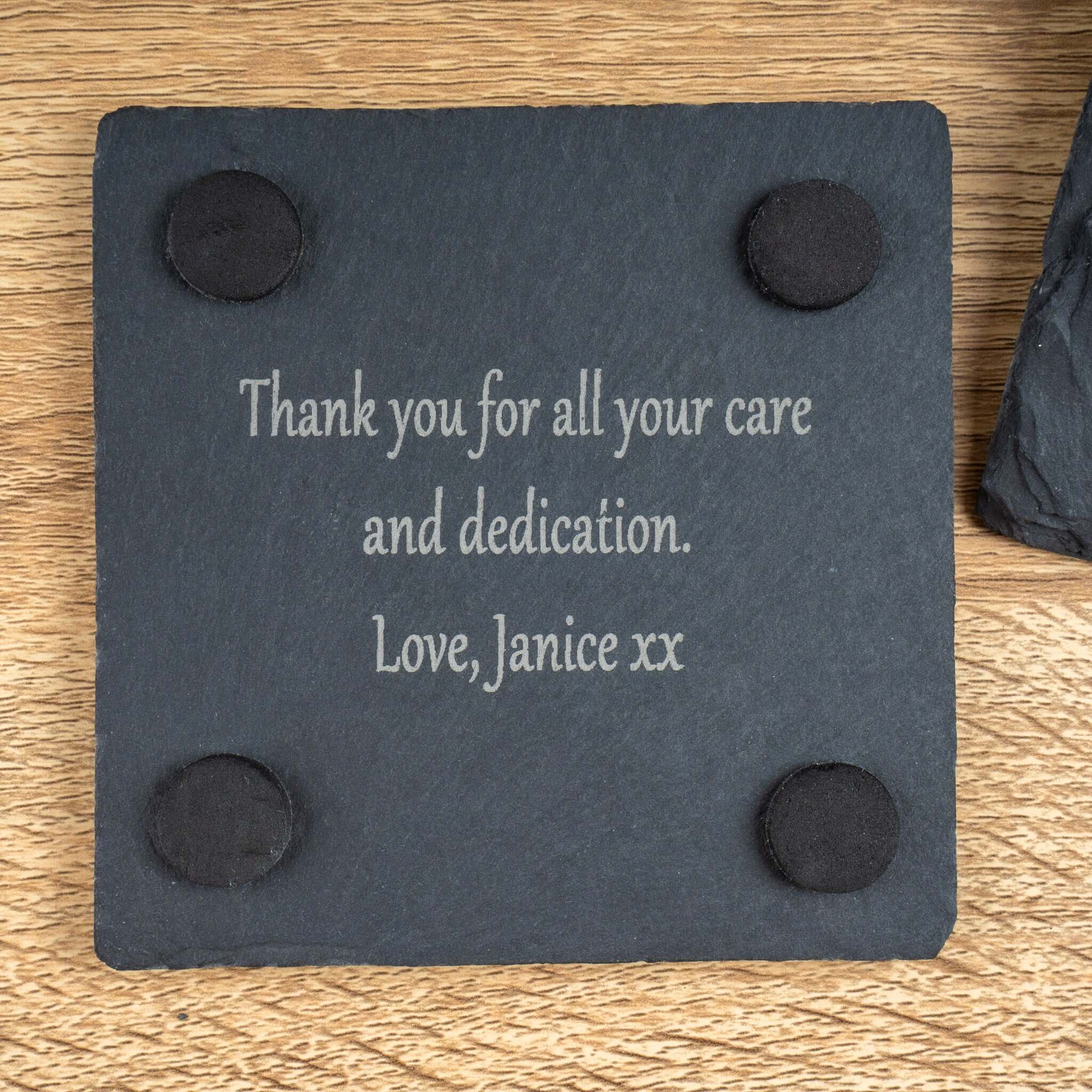Personalised slate coaster back engraved with a heartfelt message of gratitude, perfect for any occasion. Personalised coasters UK.
