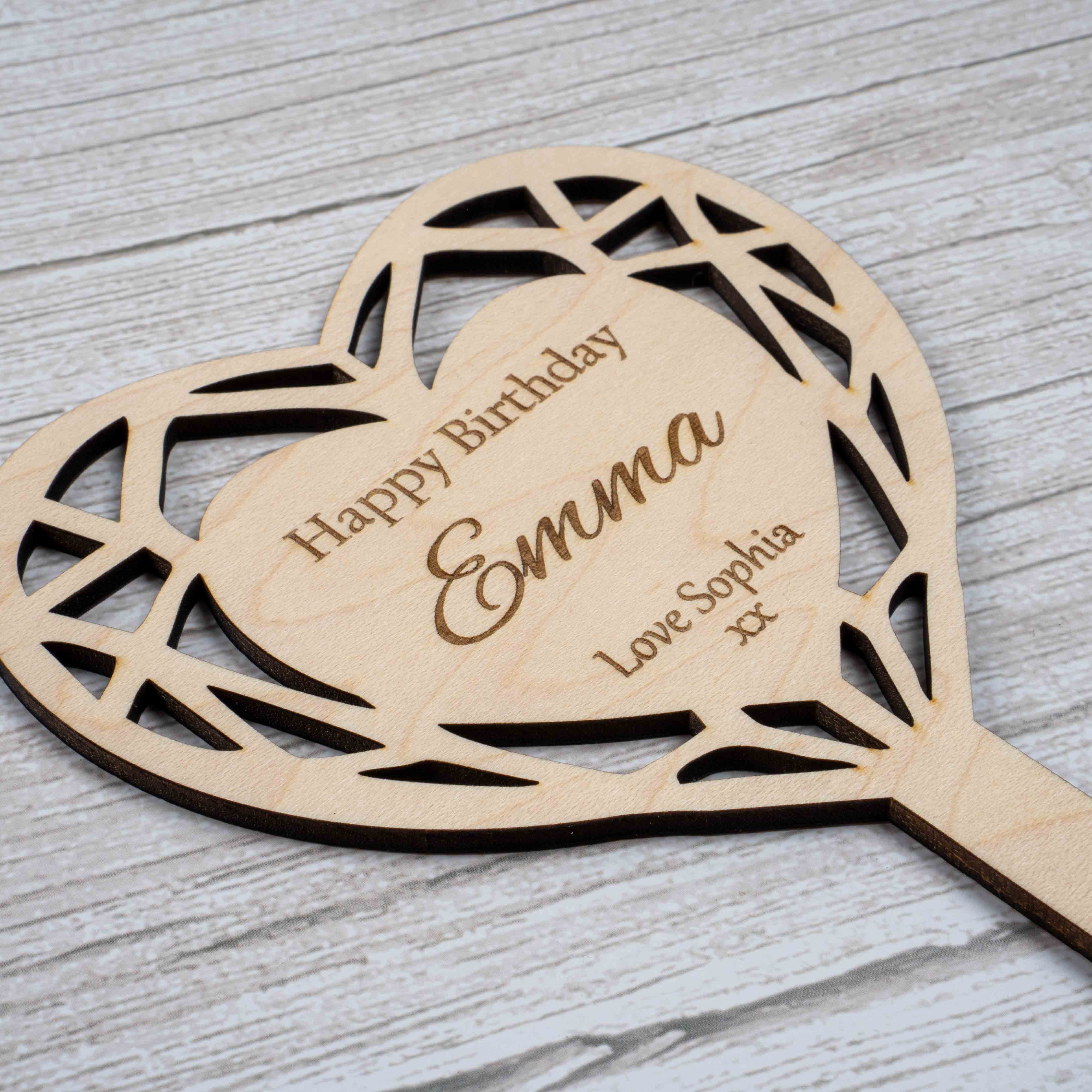 Personalised heart-shaped flower pot sign saying 'Happy Birthday Emma' with love from Sophia.