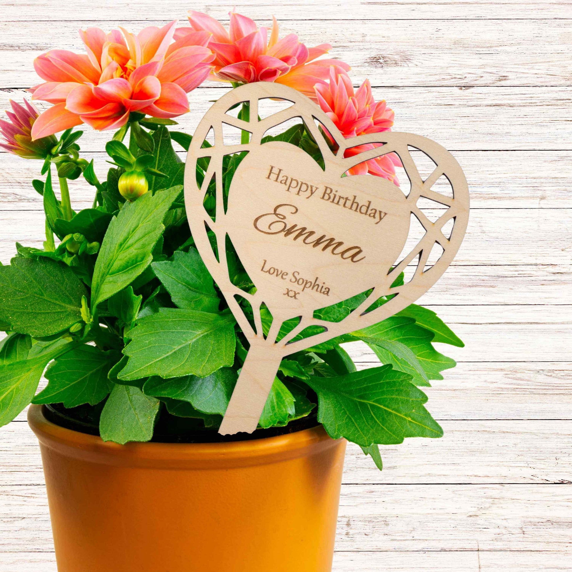 Personalised flower pot sign with heart design for Emma's birthday, ideal gift for gardeners and plant lovers.