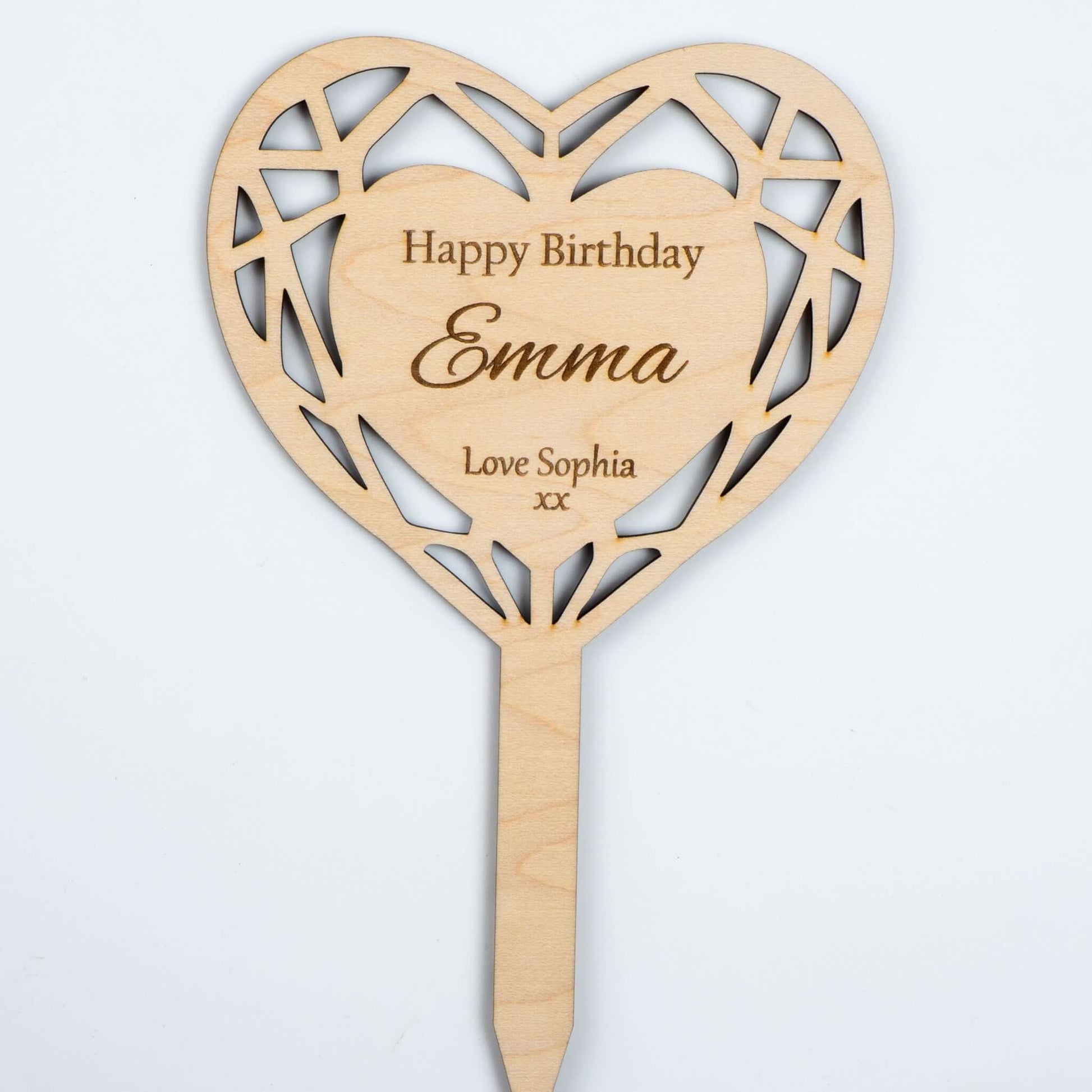 Personalised flower pot sign with heart design, engraved for Emma's birthday, perfect for plant lovers.