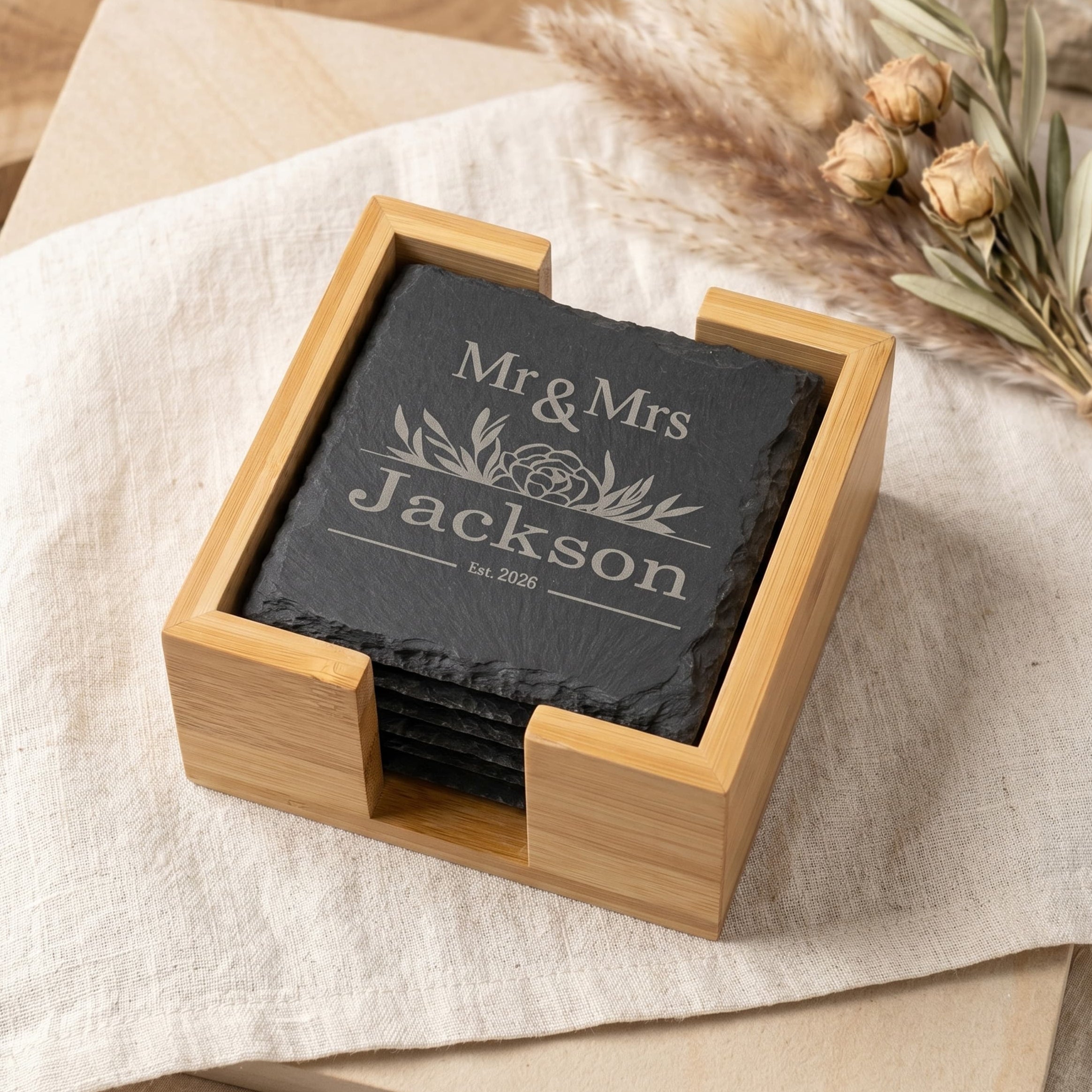 Personalised Slate Coaster Set with bamboo holder and customized Mr & Mrs Jackson design.