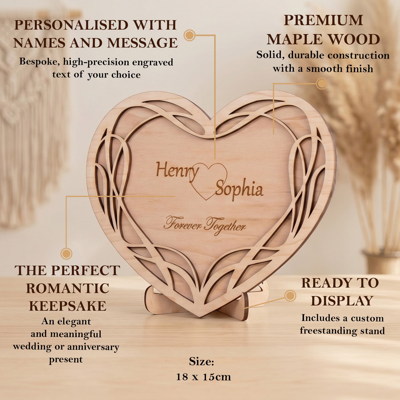 Personalised Heart Plaque made of premium maple wood, engraved with names and message, perfect for weddings and anniversaries.