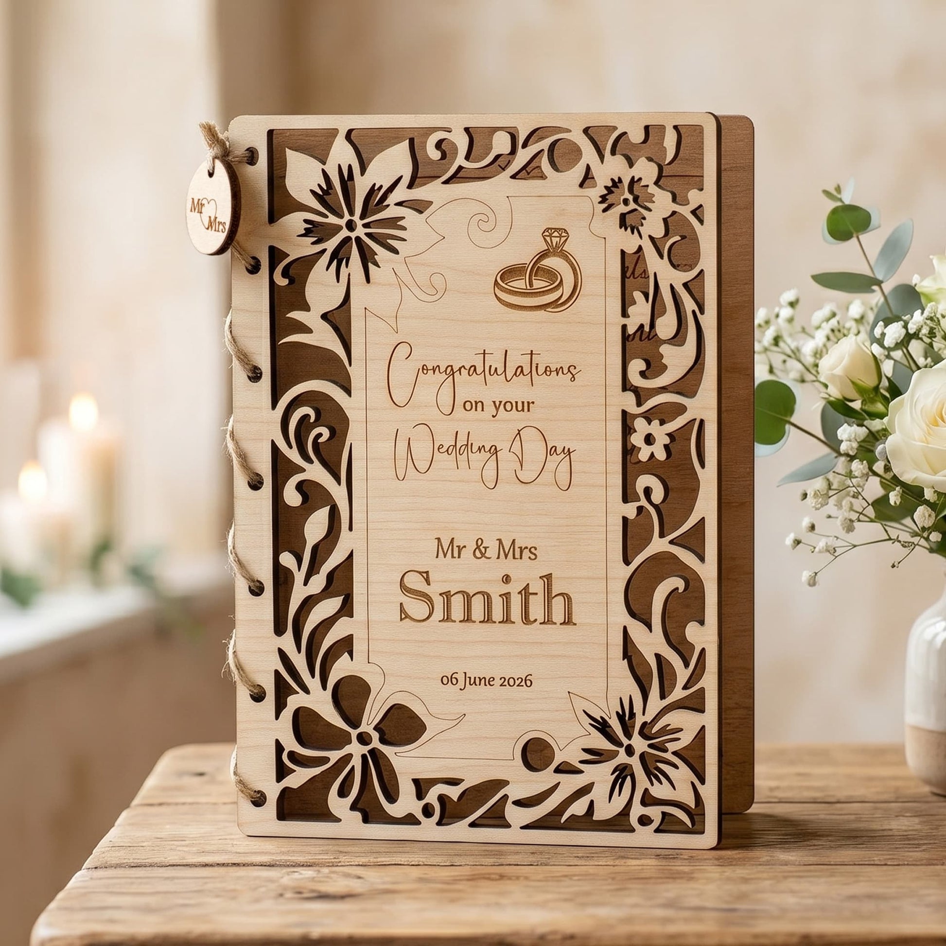 Personalised Wedding Card - Bespoke Wooden Keepsake for Mr & Mrs Smith, celebrating their wedding day.
