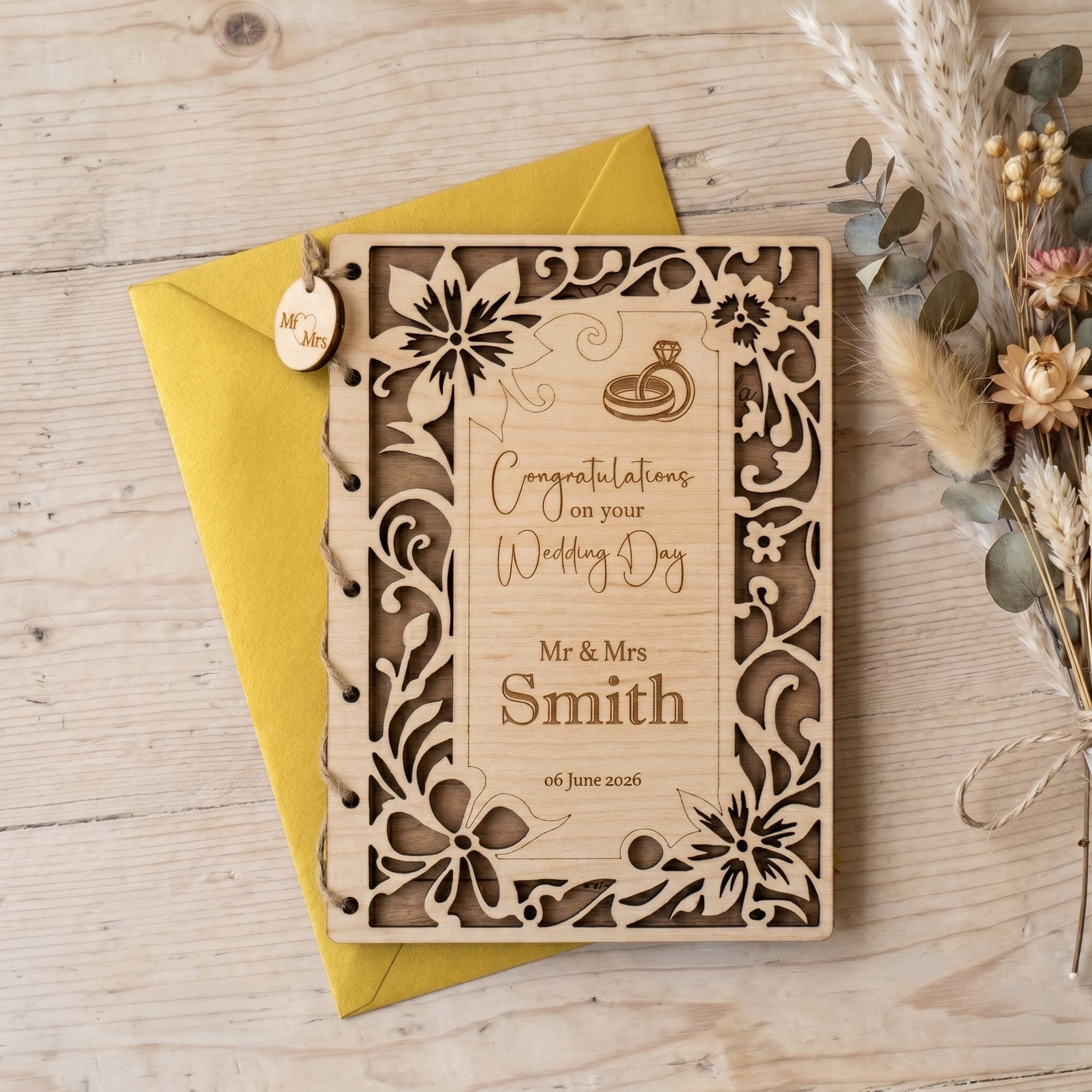 Personalised Wedding Card - Bespoke wooden keepsake with floral design for Mr & Mrs Smith, celebrating their special day.