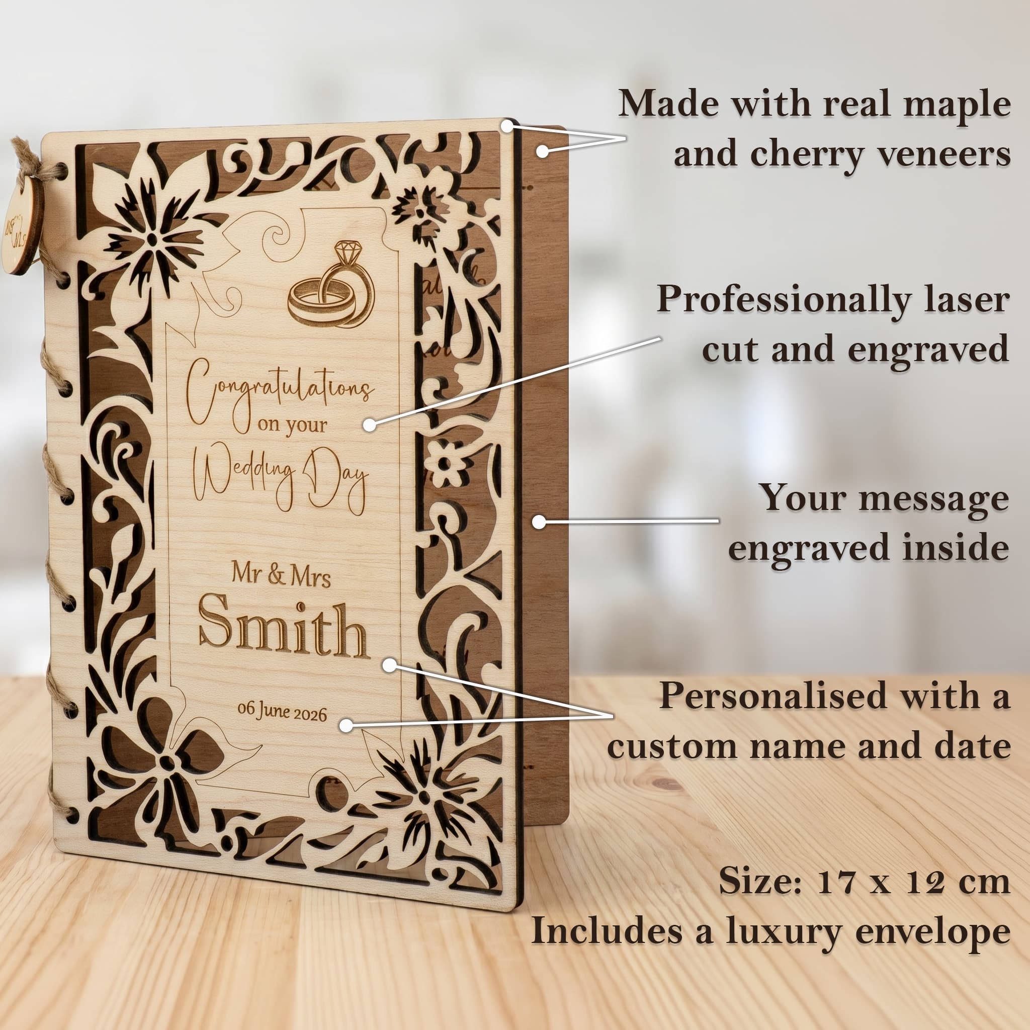 Personalised Wedding Card made of real wood, featuring floral designs and custom engraving for a memorable keepsake.