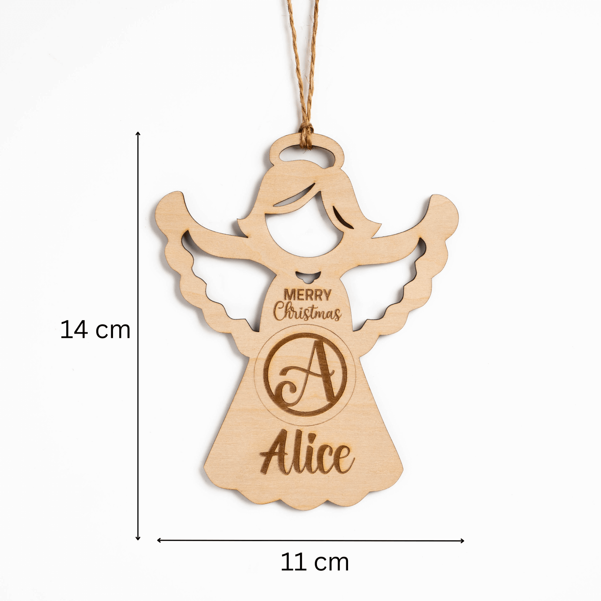 Personalised Christmas Angel Ornament made of maple wood, custom engraved with name Alice and Merry Christmas.