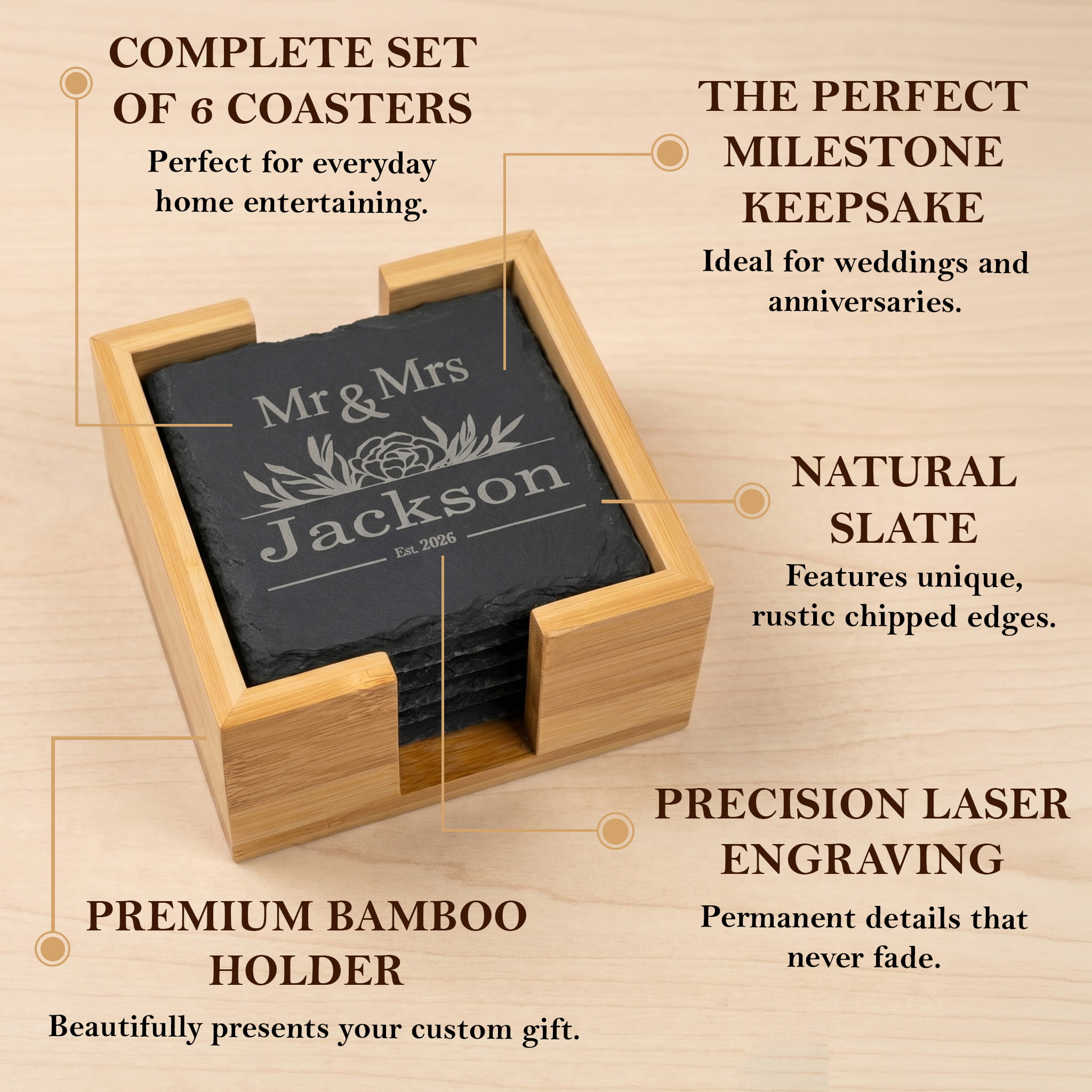 Personalised Slate Coaster Set - 6 coasters with bamboo holder, featuring unique slate texture and custom engraving.