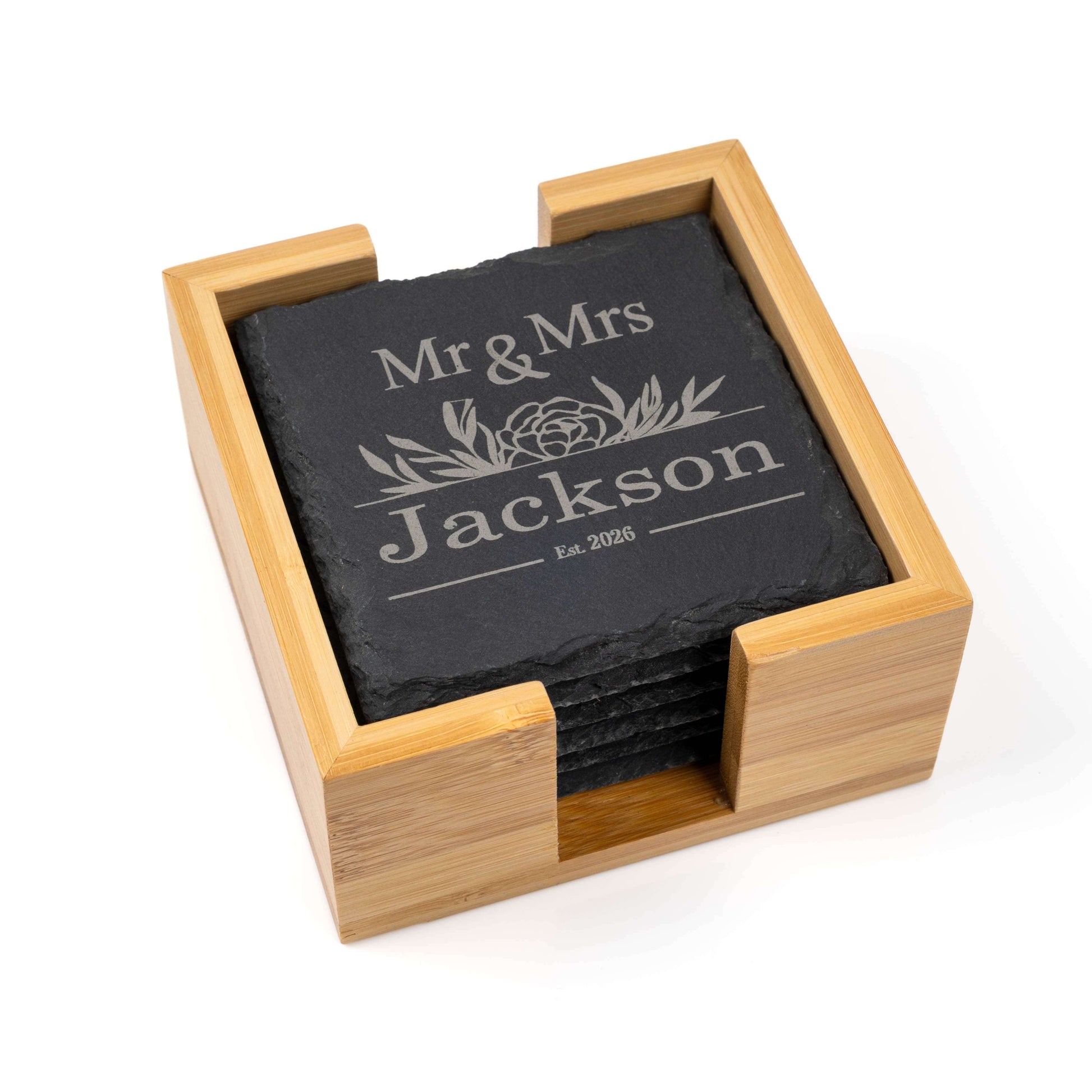 Personalised Coaster for Couples in a bamboo holder with Mr & Mrs Jackson engraving on slate.
