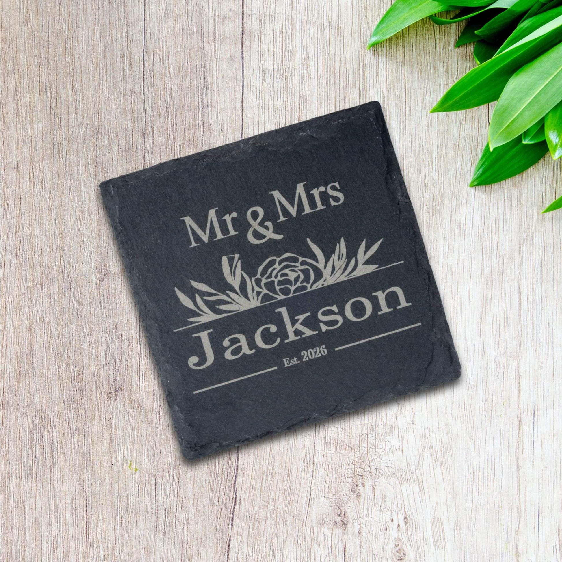 Personalised Coaster for Couples featuring Mr & Mrs Jackson, floral design, slate wedding gift.