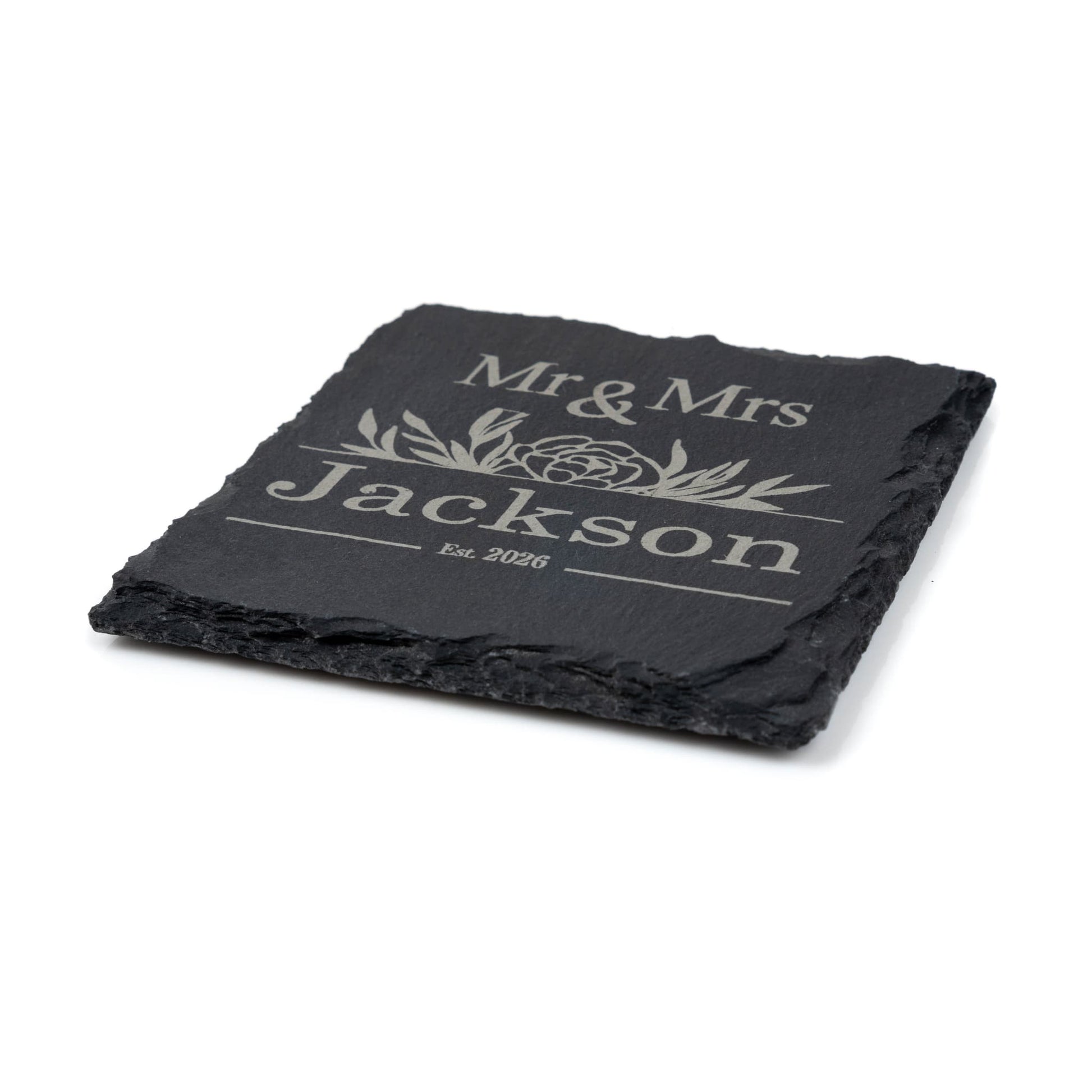 Personalised Coaster for Couples - elegant slate design with Mr & Mrs Jackson, perfect wedding gift or anniversary keepsake.