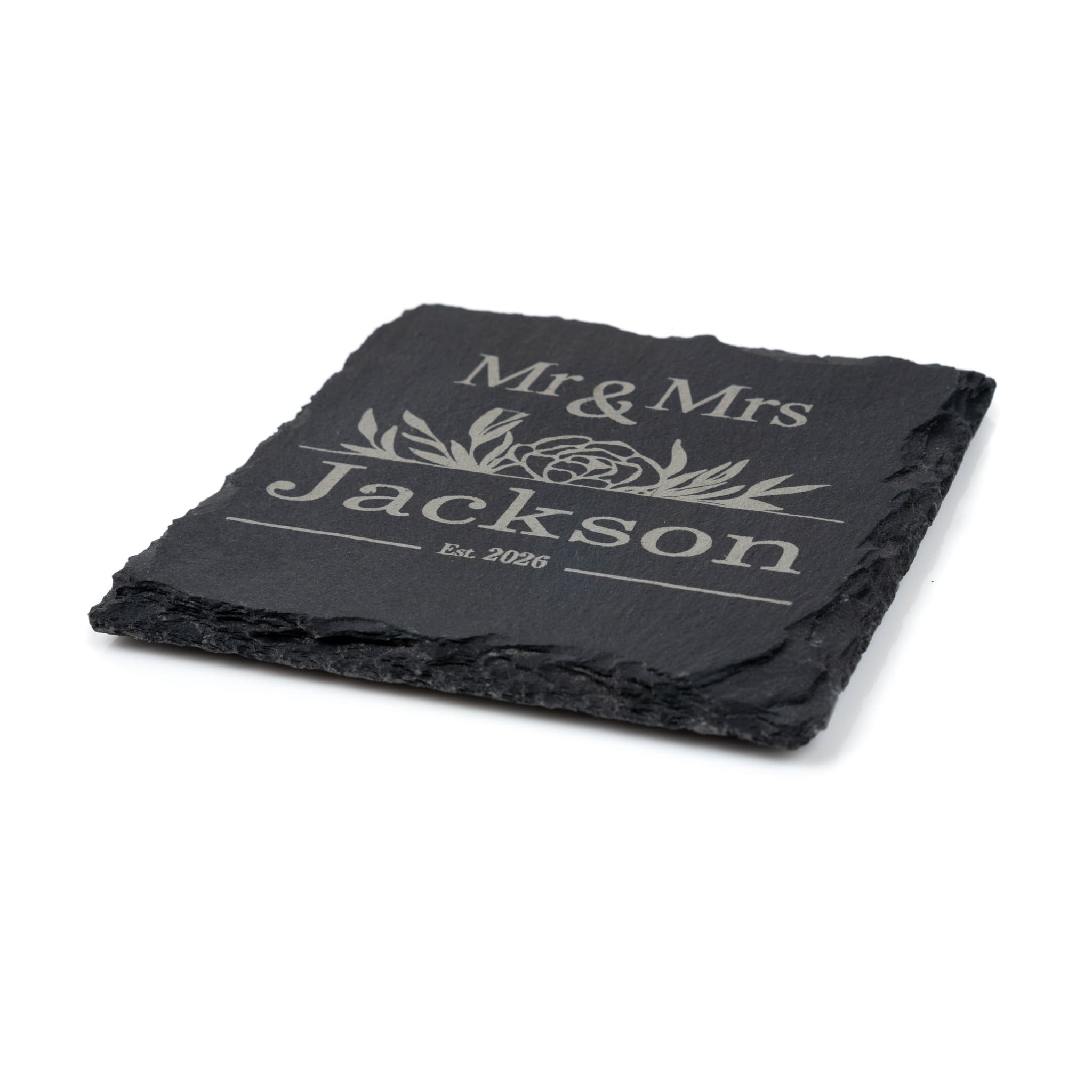 Personalised Coaster for Couples - elegant slate design with Mr & Mrs Jackson, perfect wedding gift or anniversary keepsake.