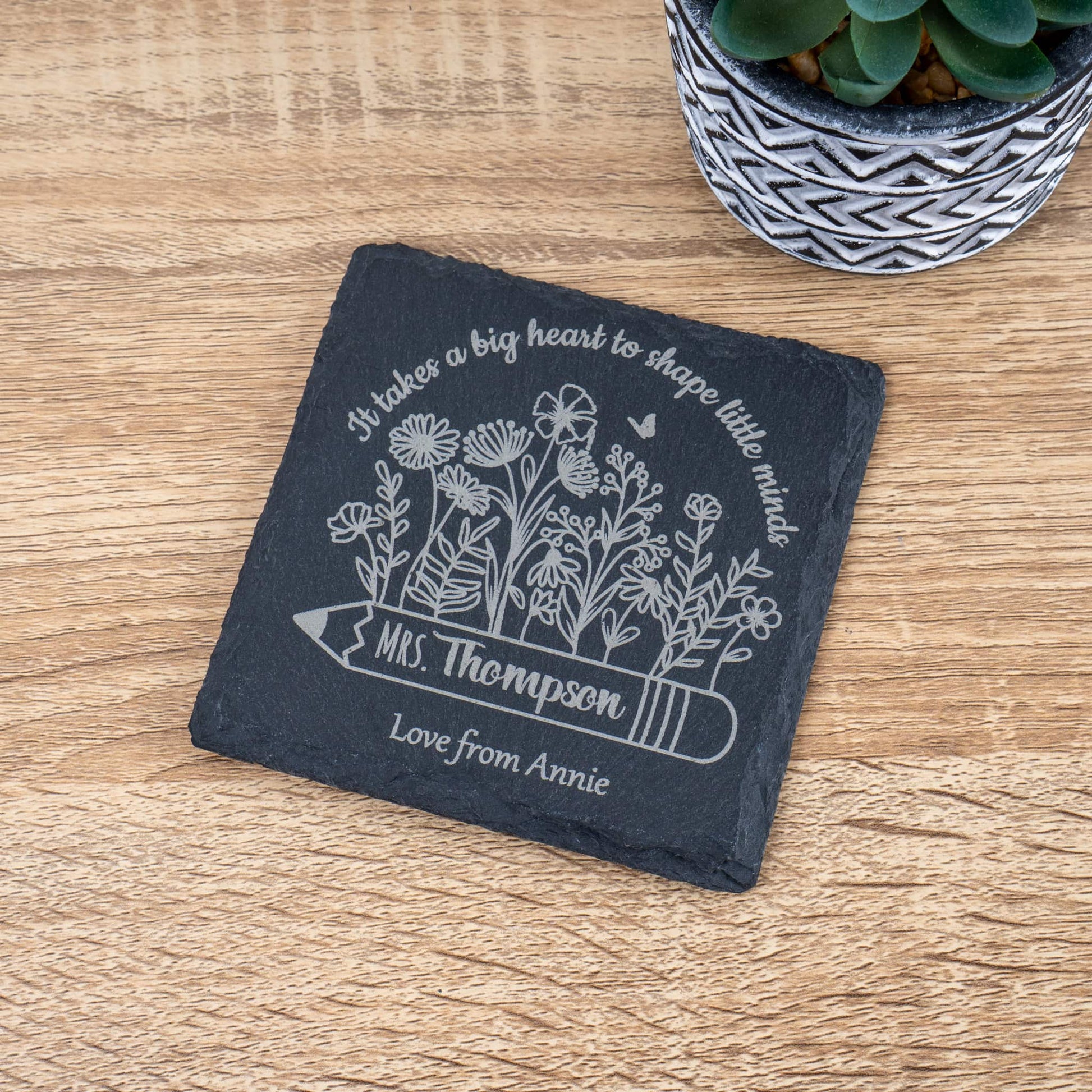 Personalised teacher slate coaster with floral design, a perfect thank you teacher gift from Annie.