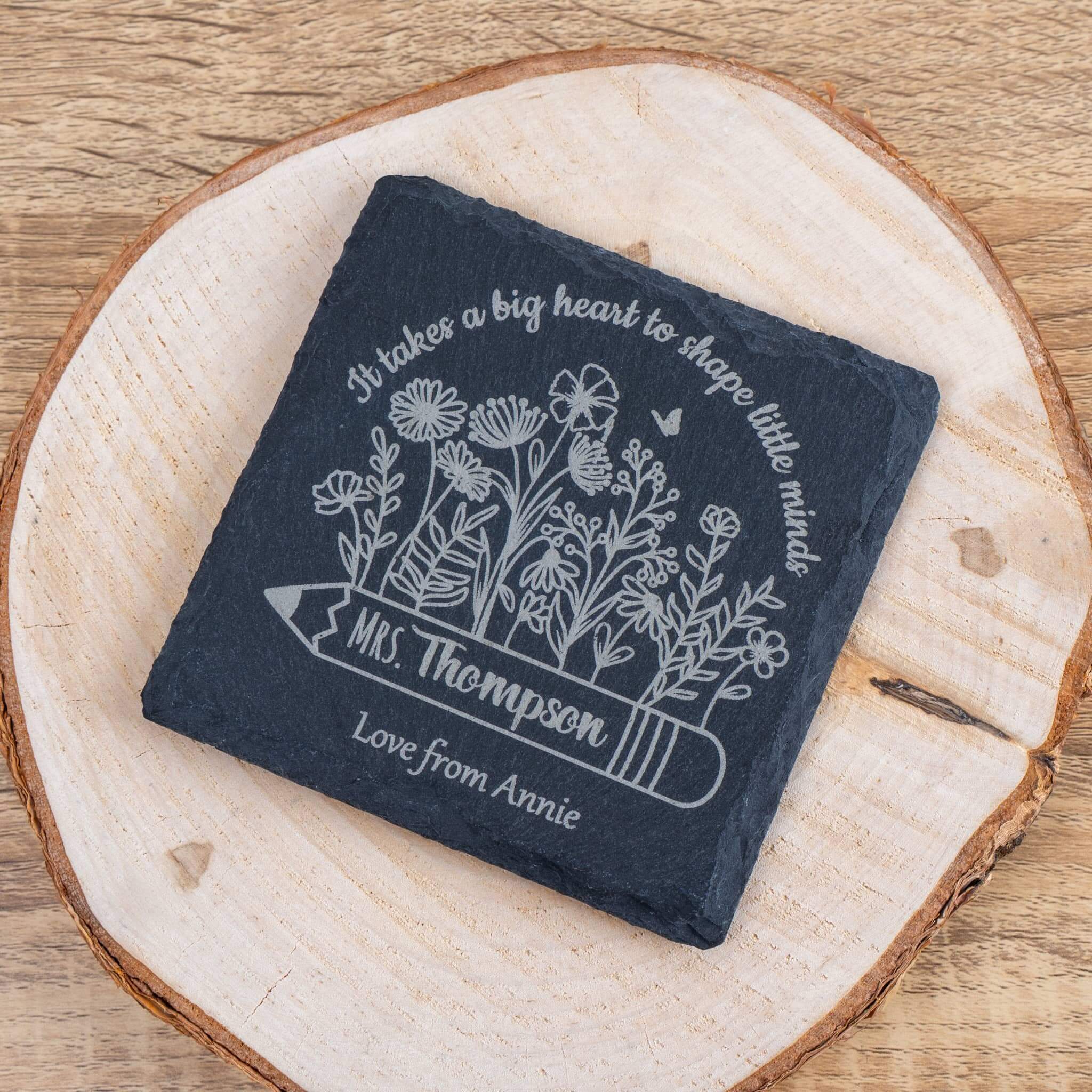 Personalised teacher slate coaster with floral design and heartfelt message for a unique thank you teacher gift.