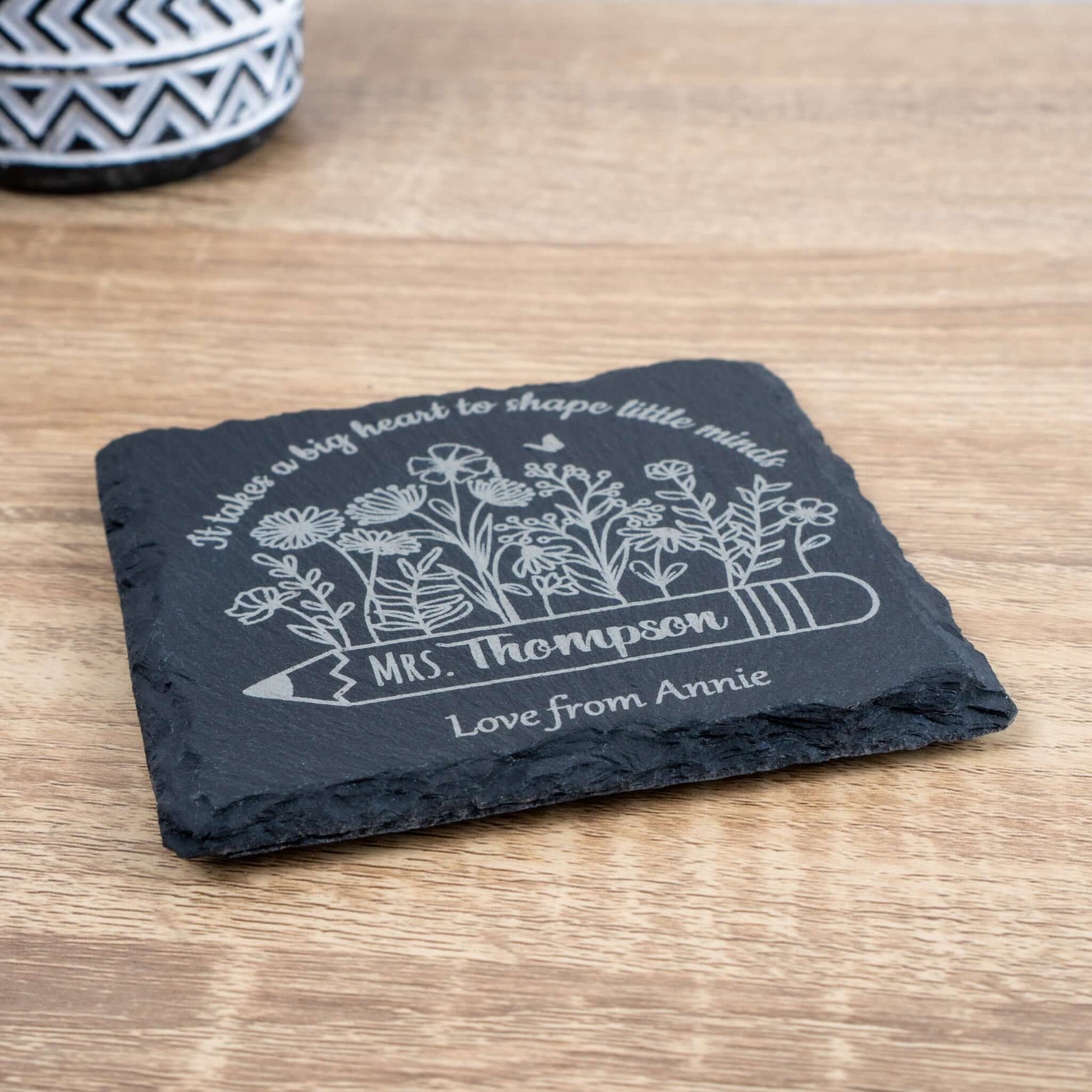 Personalised teacher slate coaster with floral design, perfect thank you teacher gift from Annie.