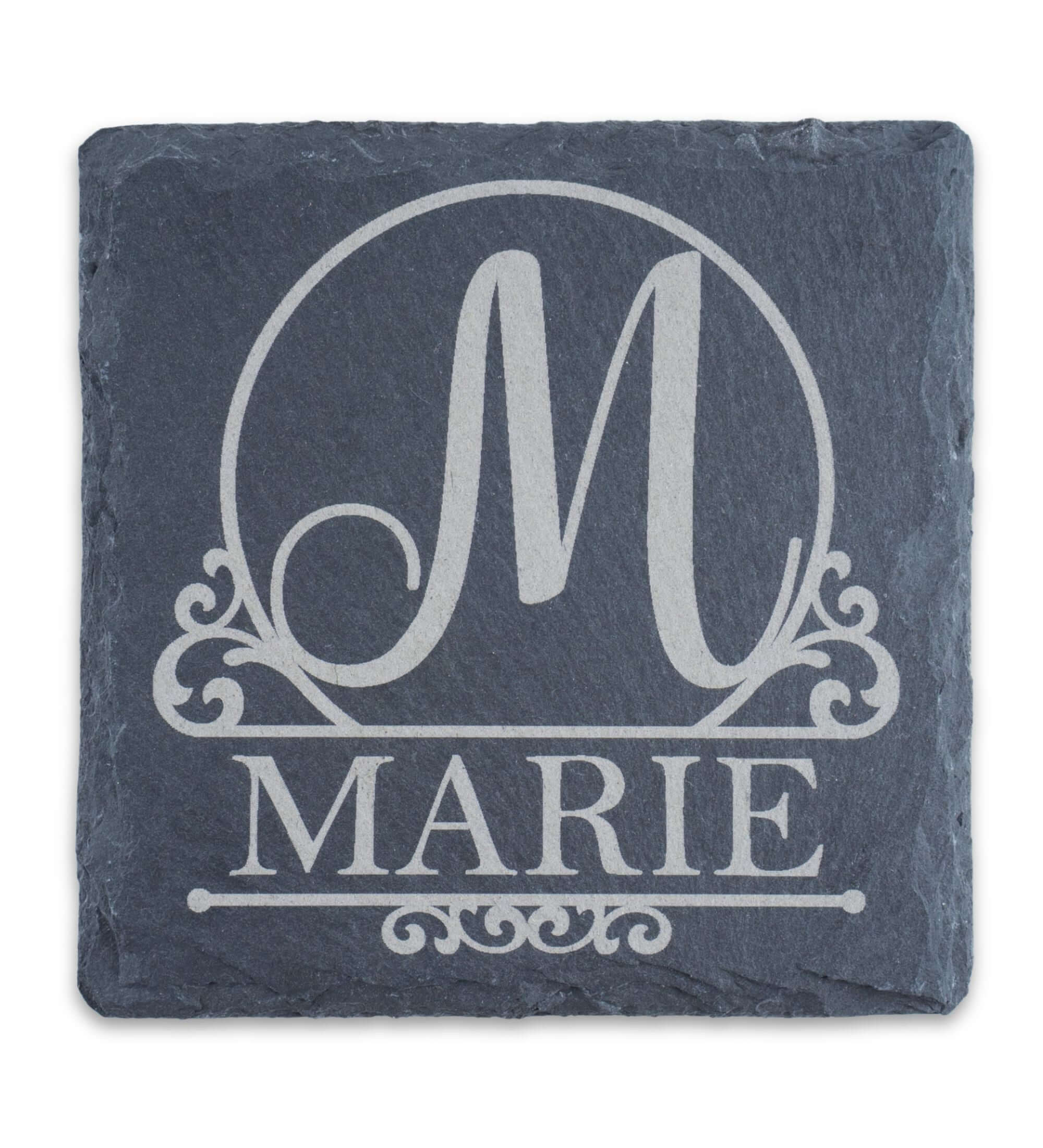 Personalised monogram slate coaster with initial 'M' and name 'MARIE', perfect gift for stylish home decor.
