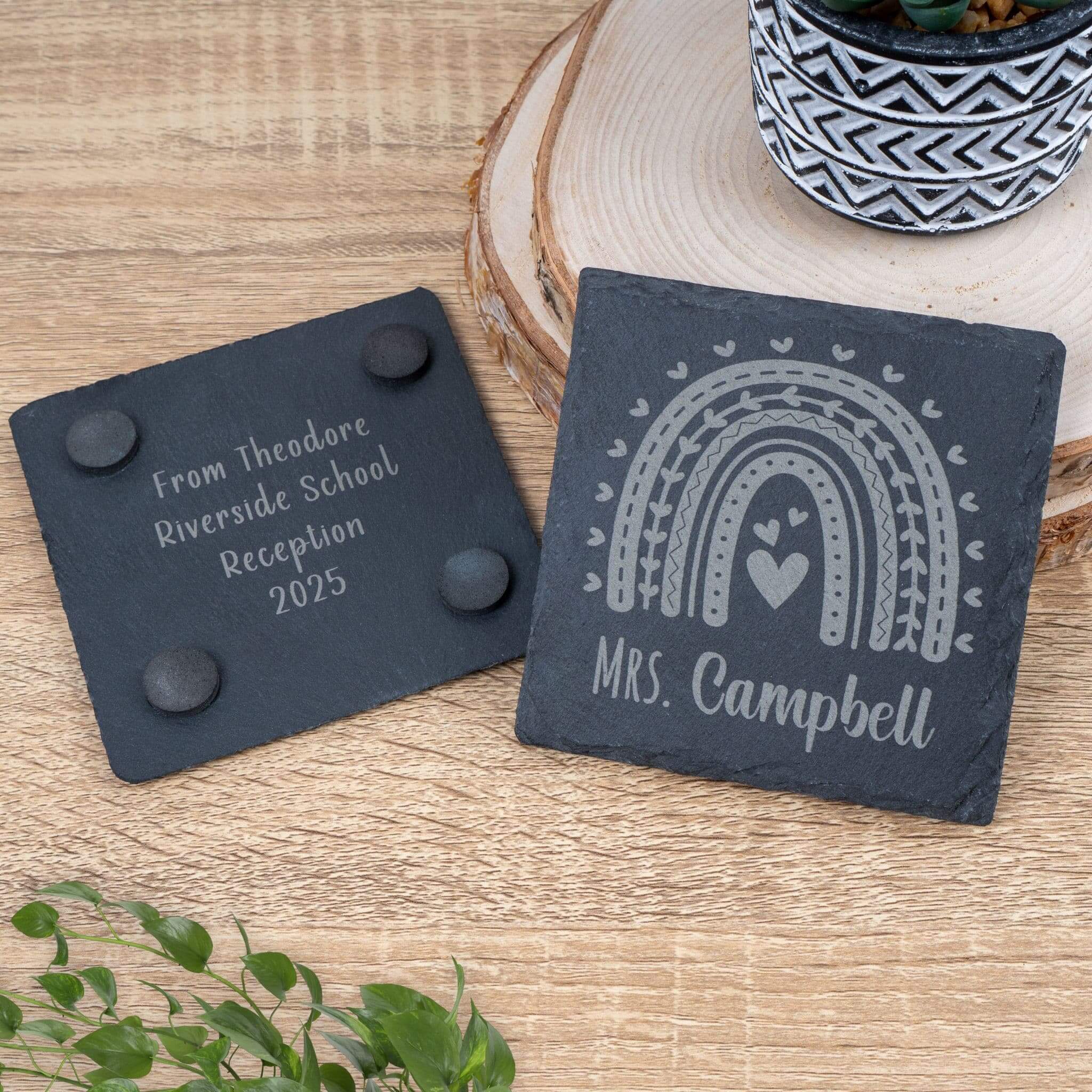 Personalized teacher slate coaster featuring a colorful rainbow design and a custom message for Mrs. Campbell.